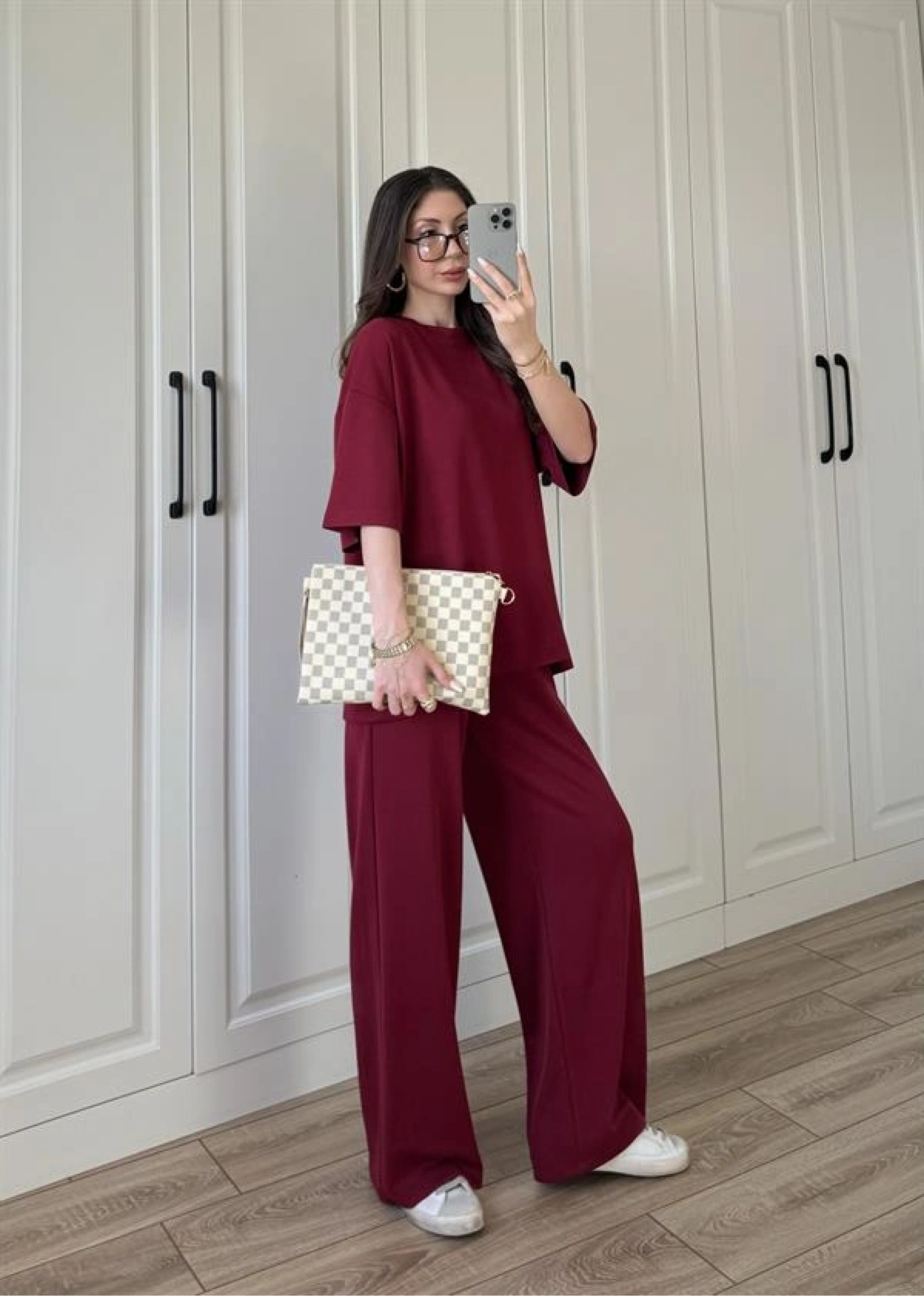Oysh Moda Kumaş Bordo Basic Kısakollu Takım