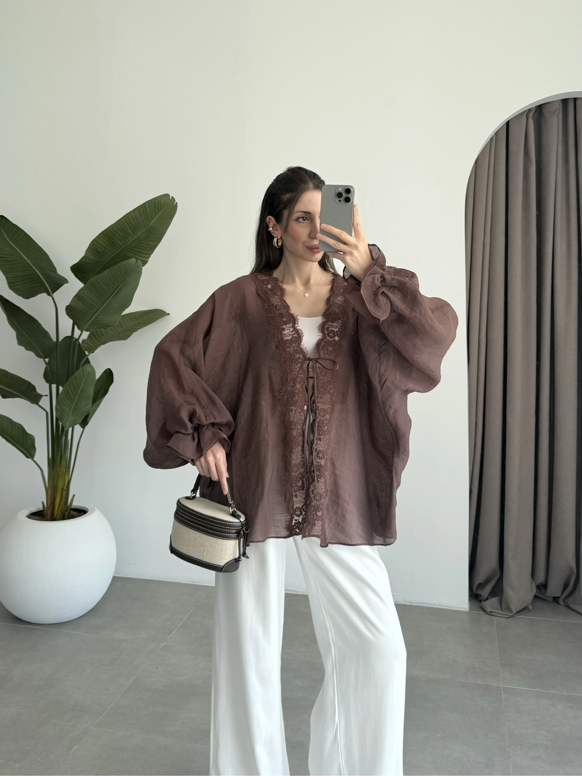 Pera Dantelli Koyu Kahve Kimono Gömlek