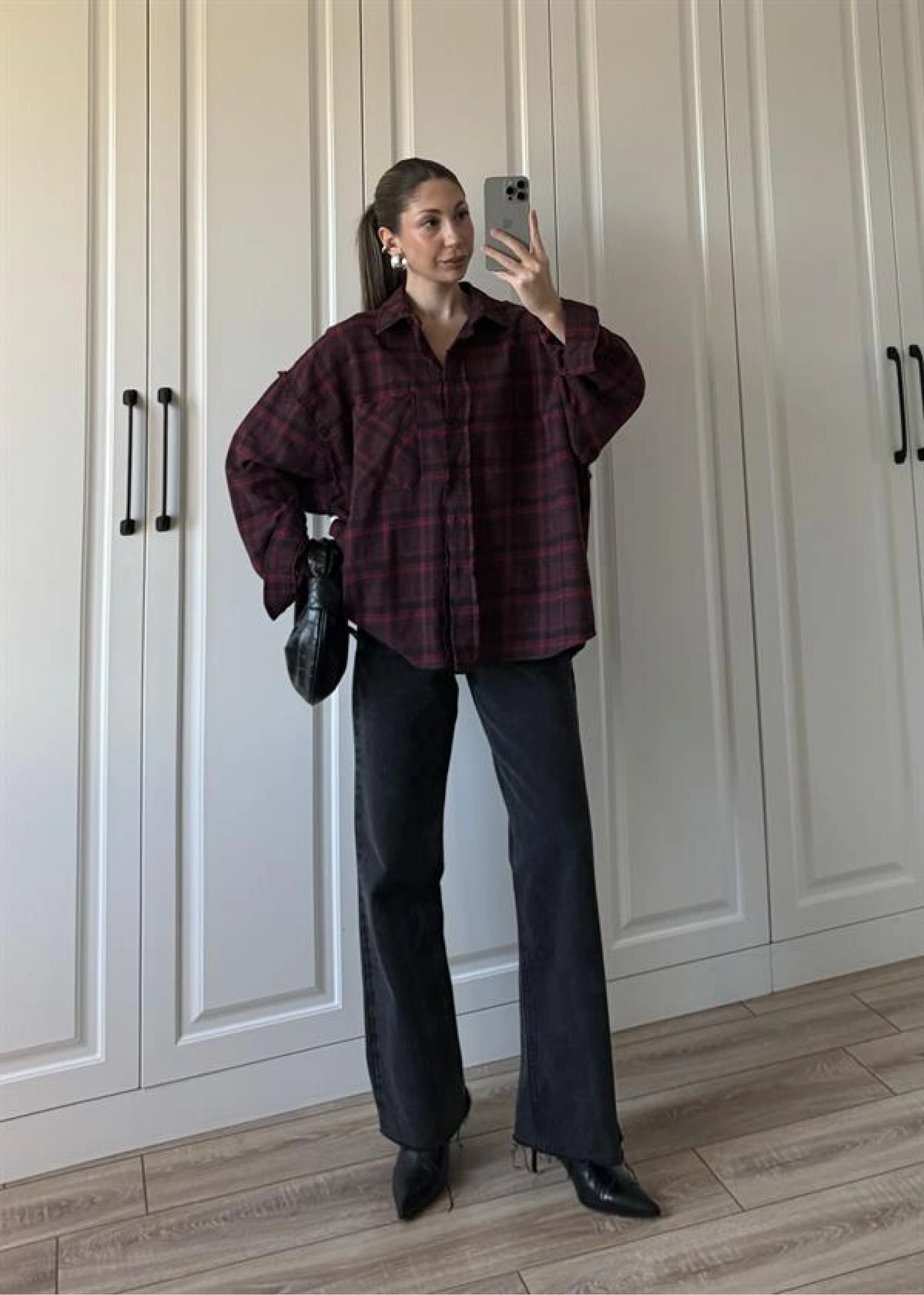 Pera Oversize Bordo Ekose Gömlek
