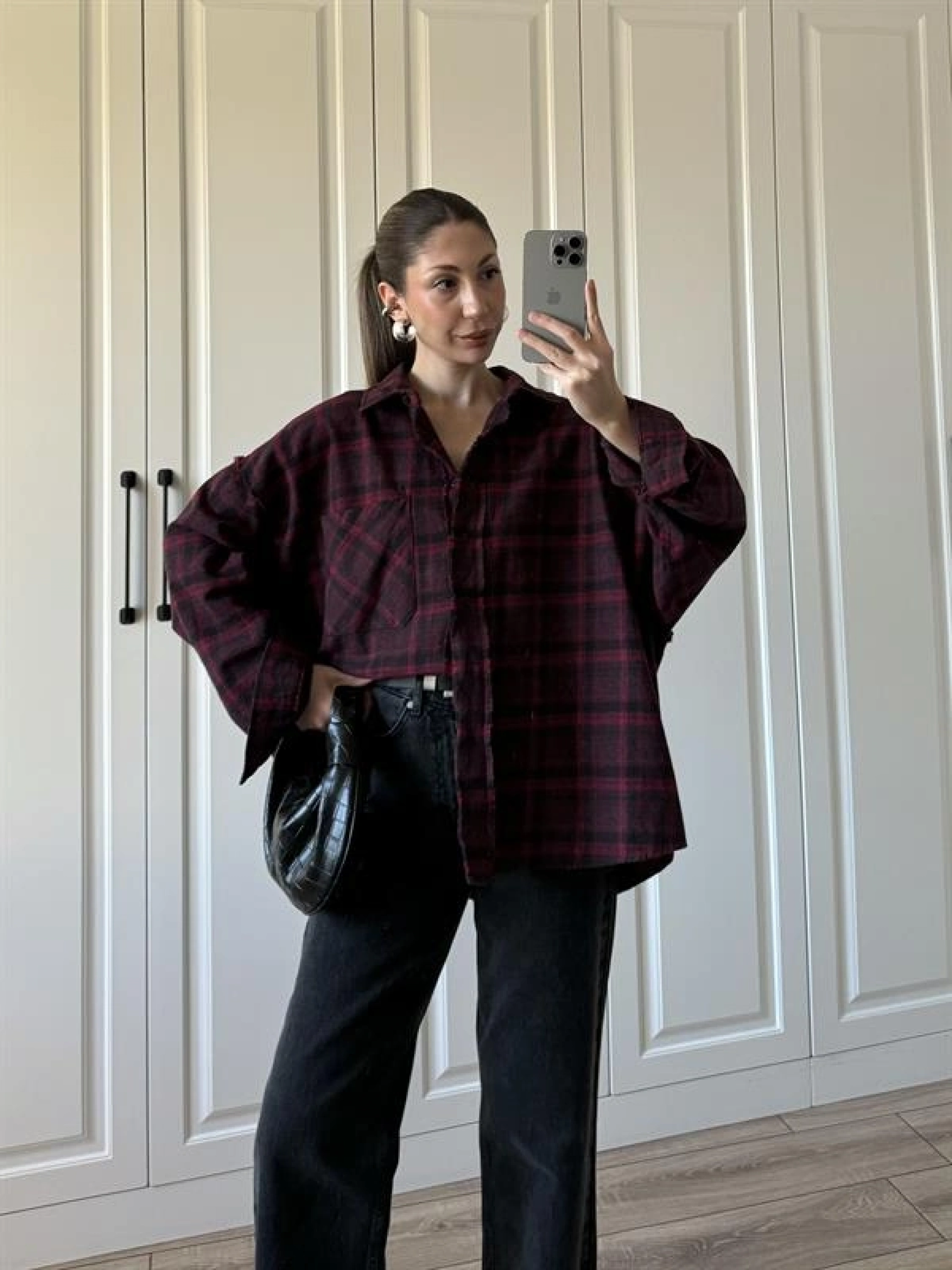 Pera Oversize Bordo Ekose Gömlek