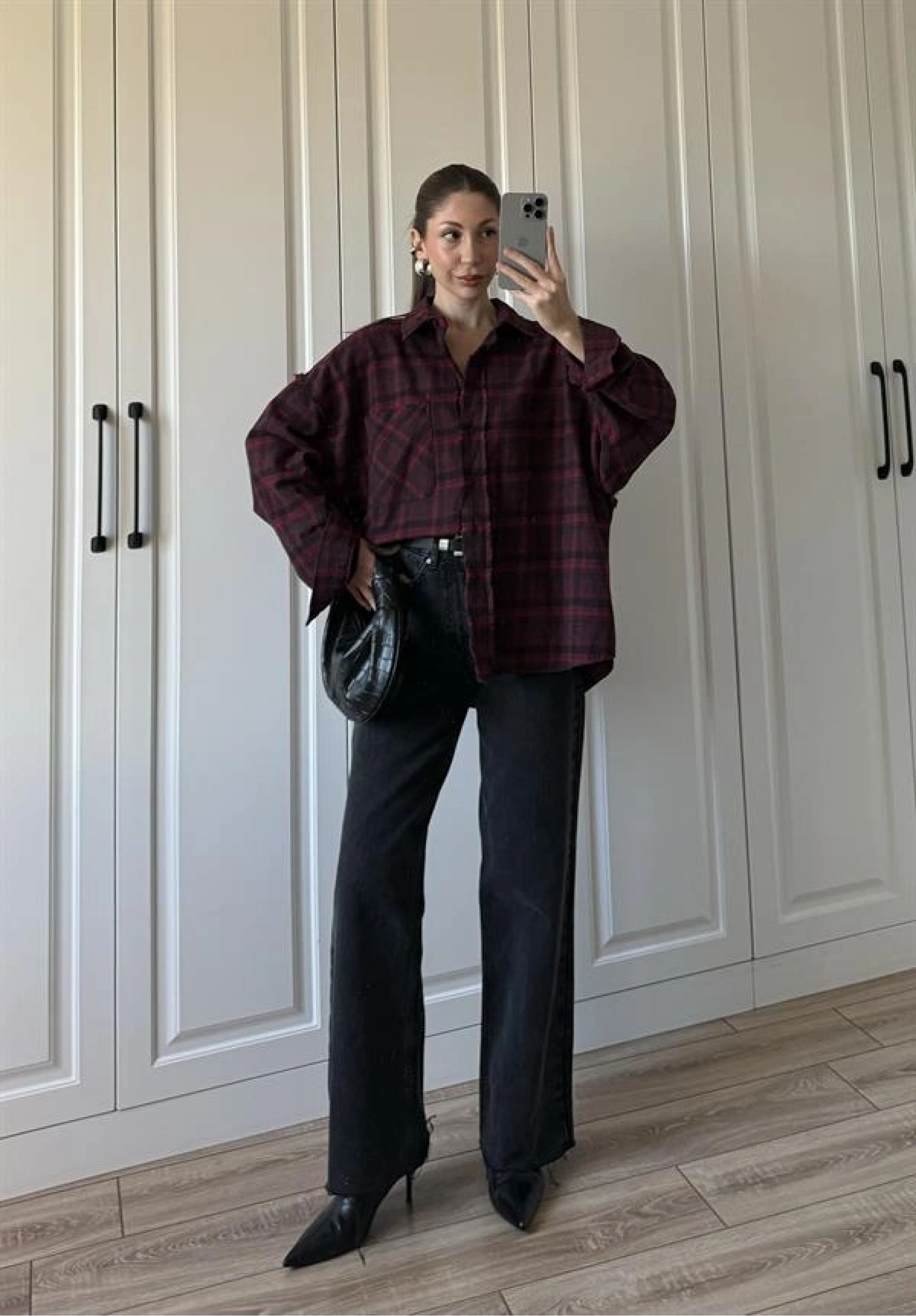 Pera Oversize Bordo Ekose Gömlek