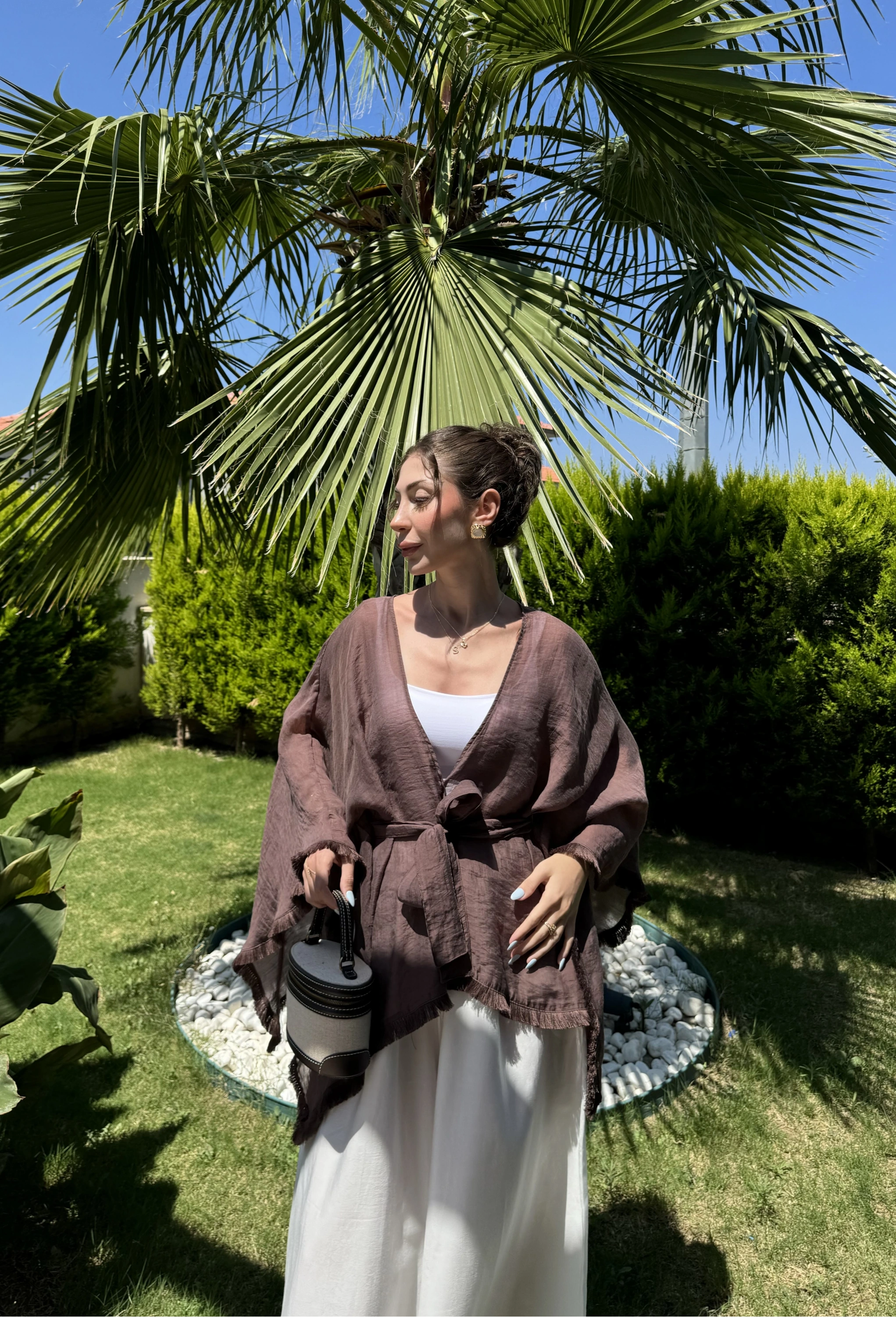 Püsküllü Kuşaklı Kahve Kimono