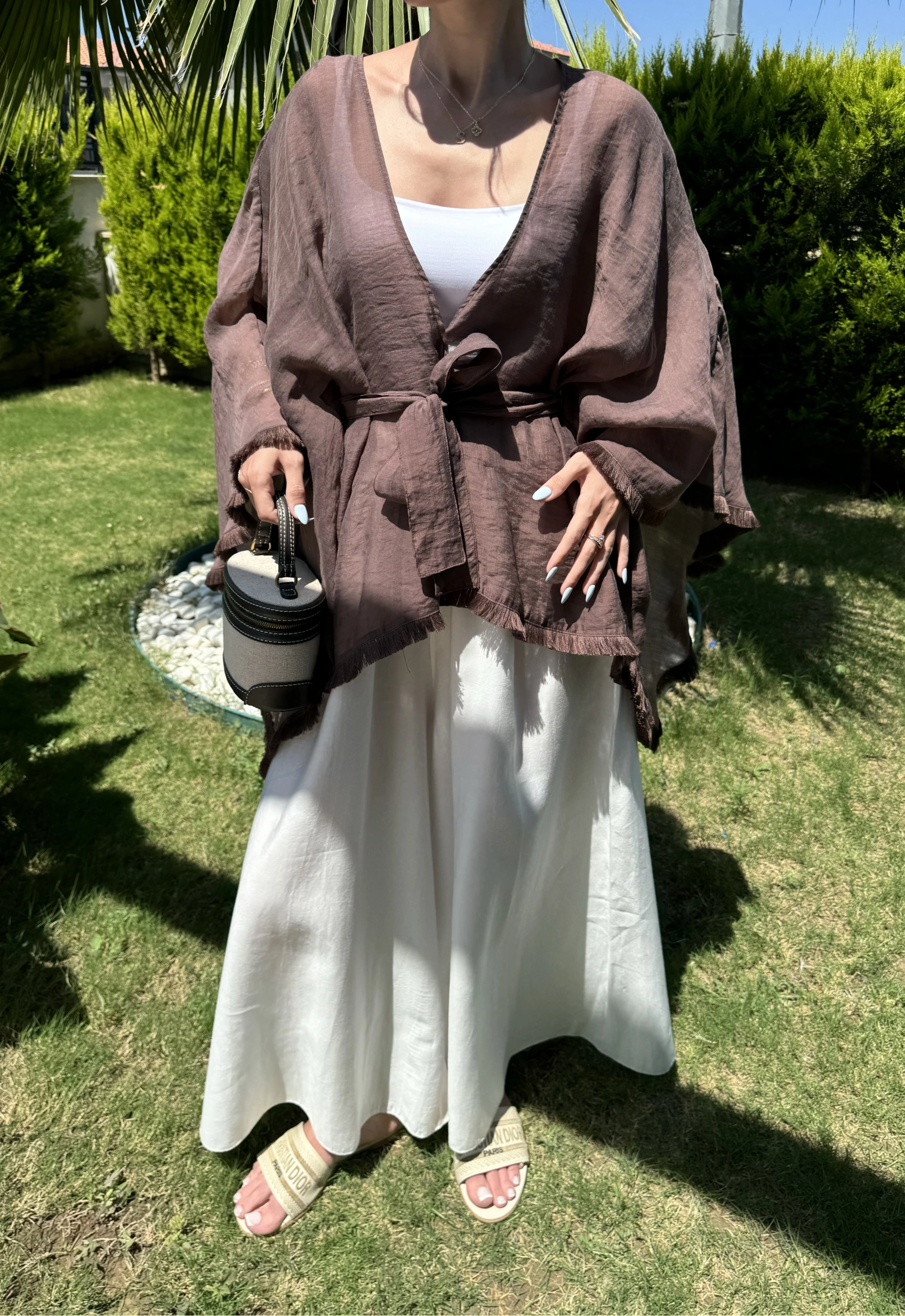 Püsküllü Kuşaklı Kahve Kimono