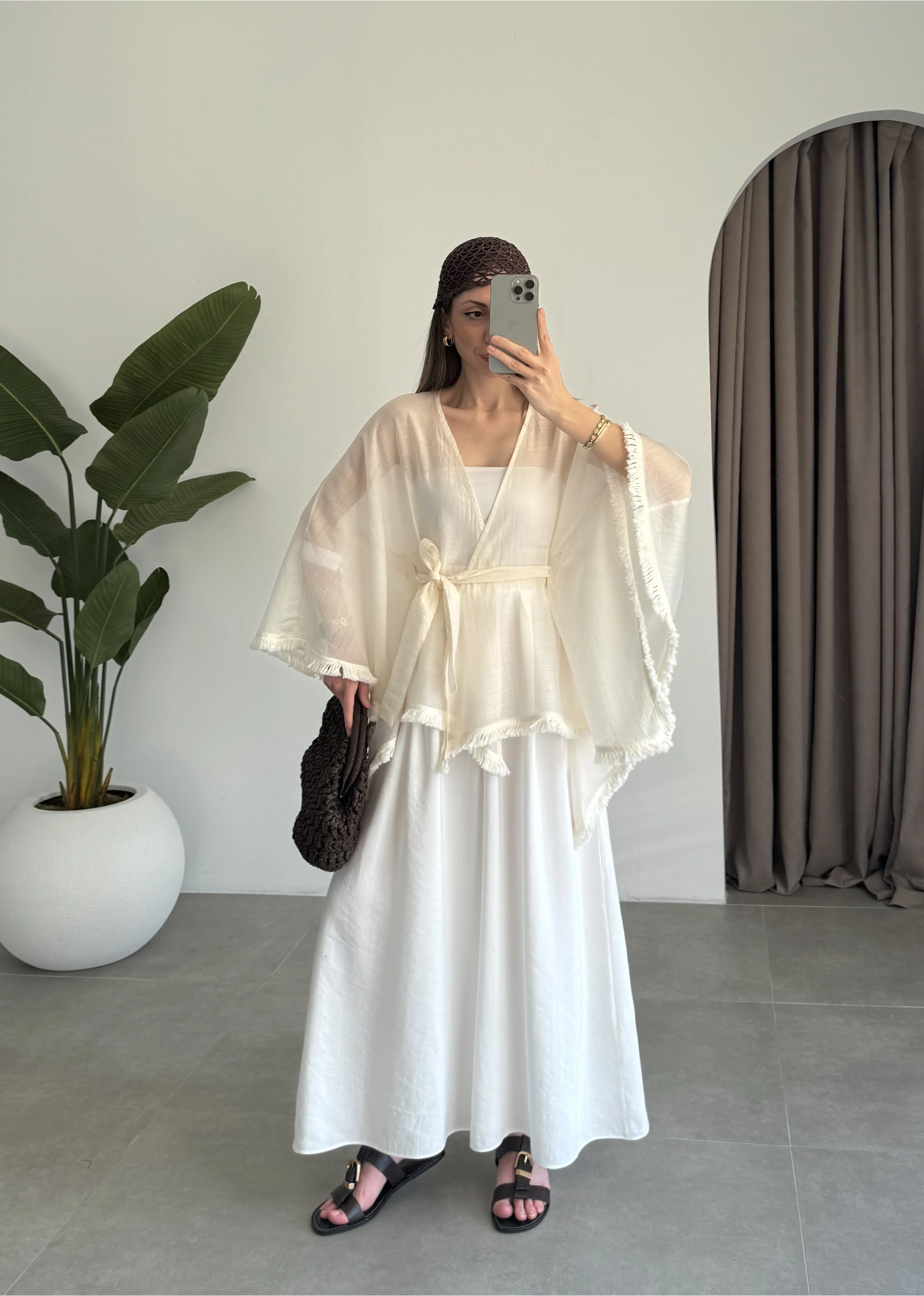 Püsküllü Kuşaklı Taş Kimono