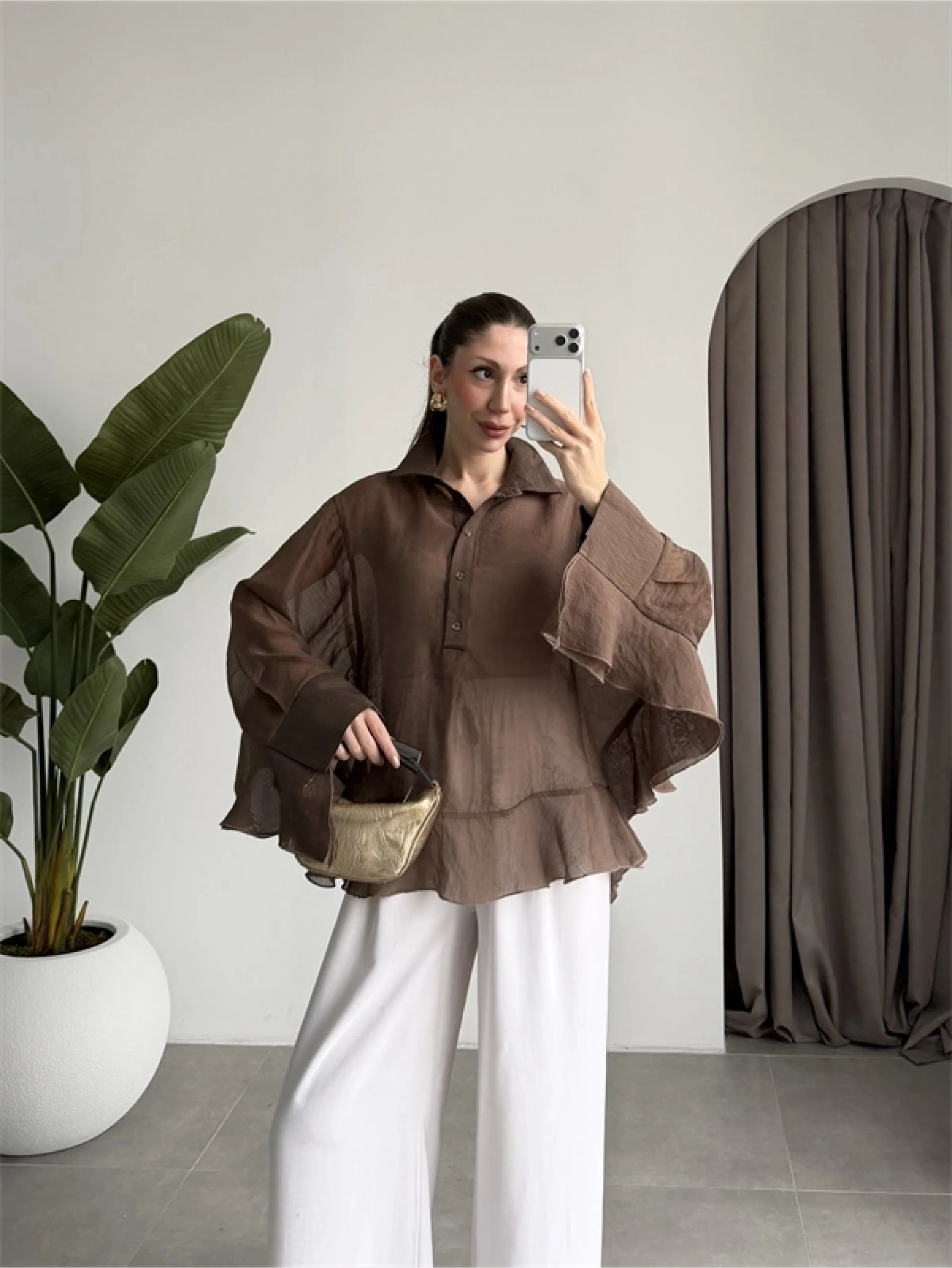 Rima Oversize Kahve Gömlek Bluz