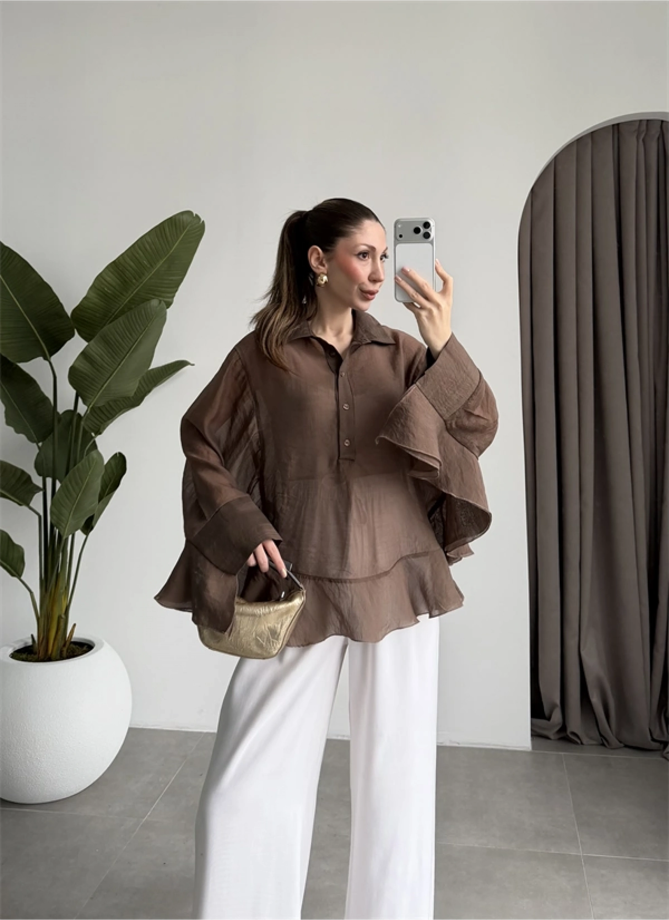 Rima Oversize Kahve Gömlek Bluz