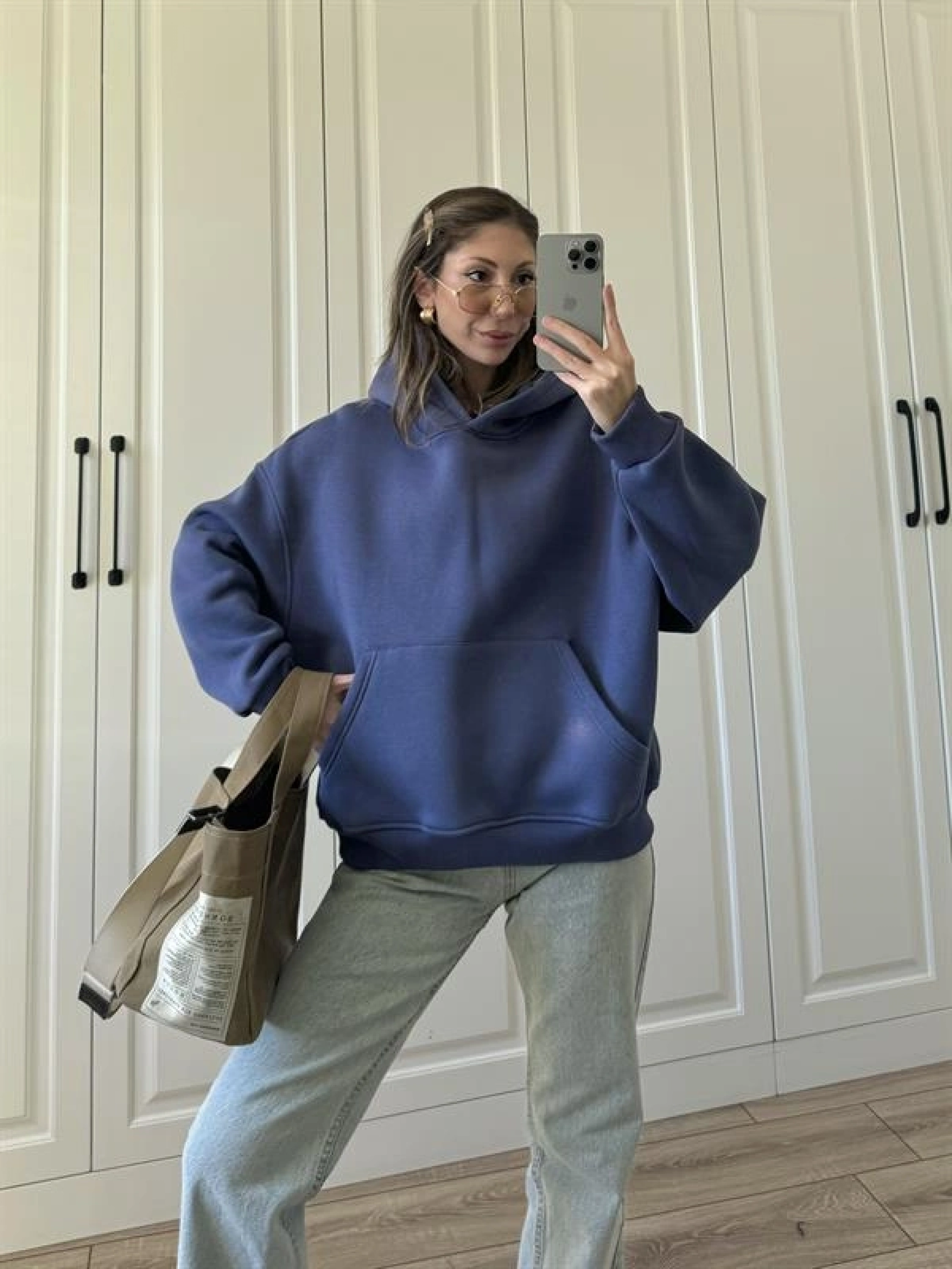 Şardonlu Oversize Mavi Sweatshirt