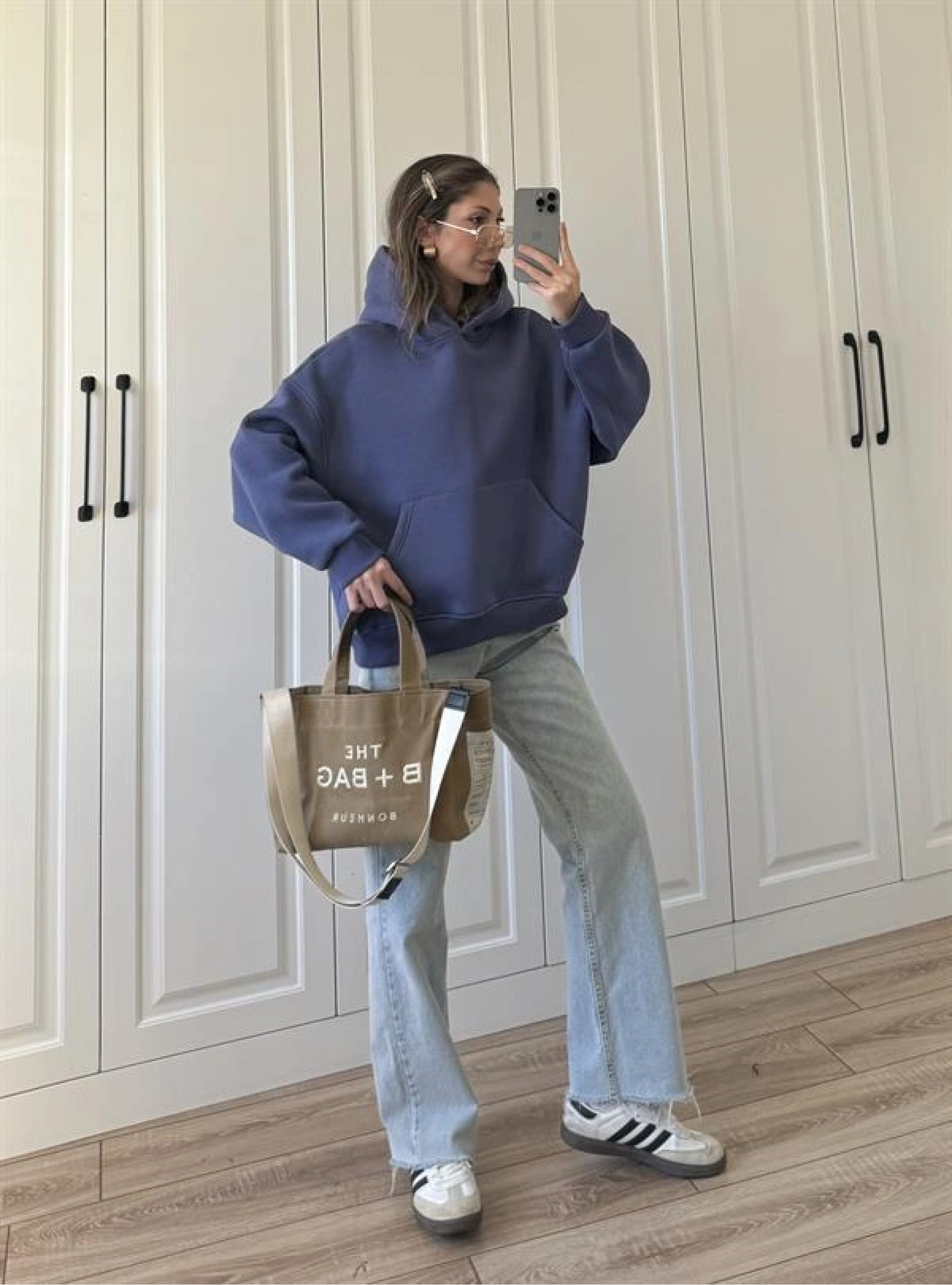 Şardonlu Oversize Mavi Sweatshirt