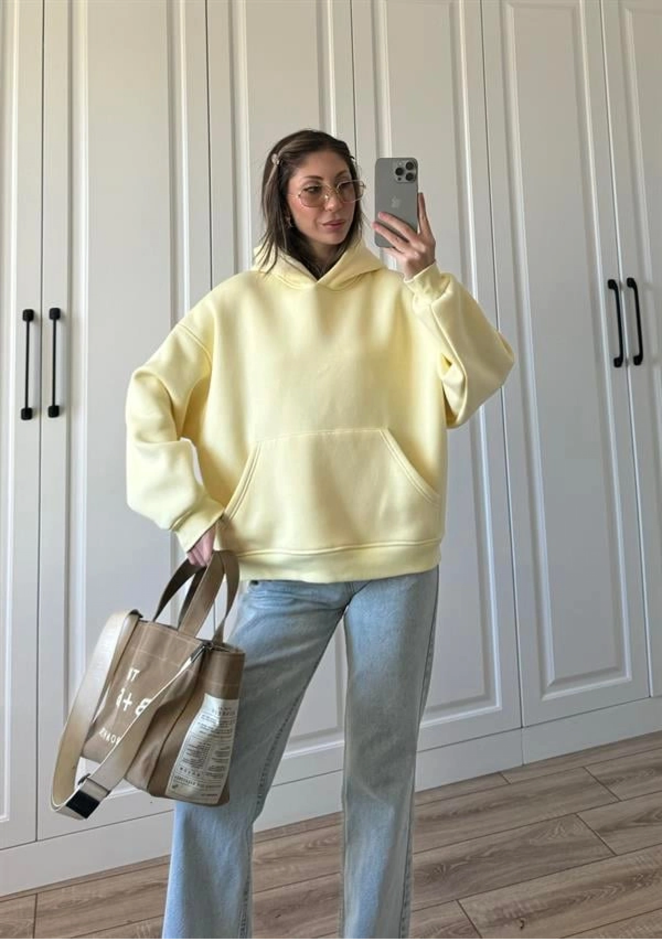 Şardonlu Oversize Sarı Sweatshirt