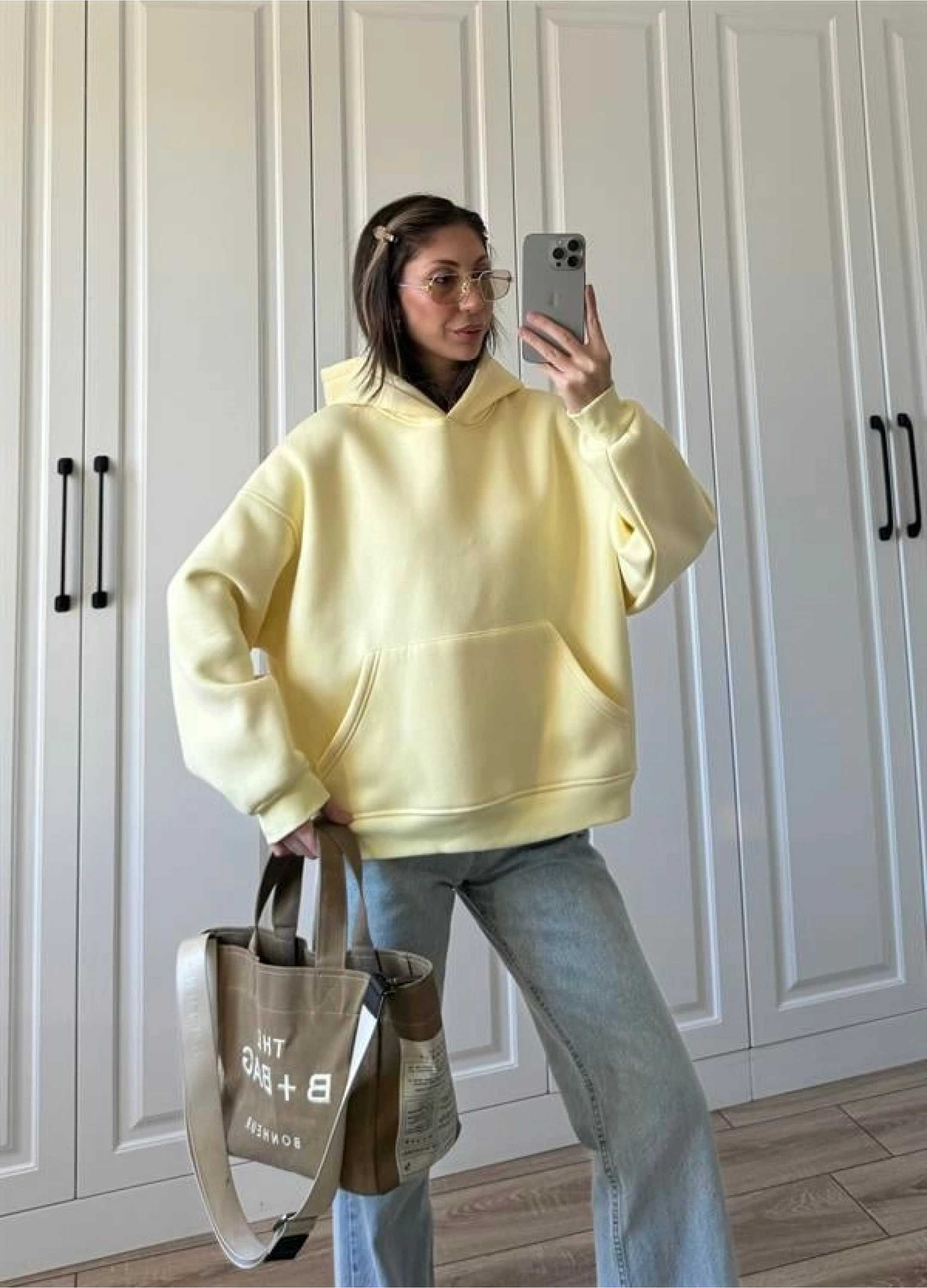 Şardonlu Oversize Sarı Sweatshirt