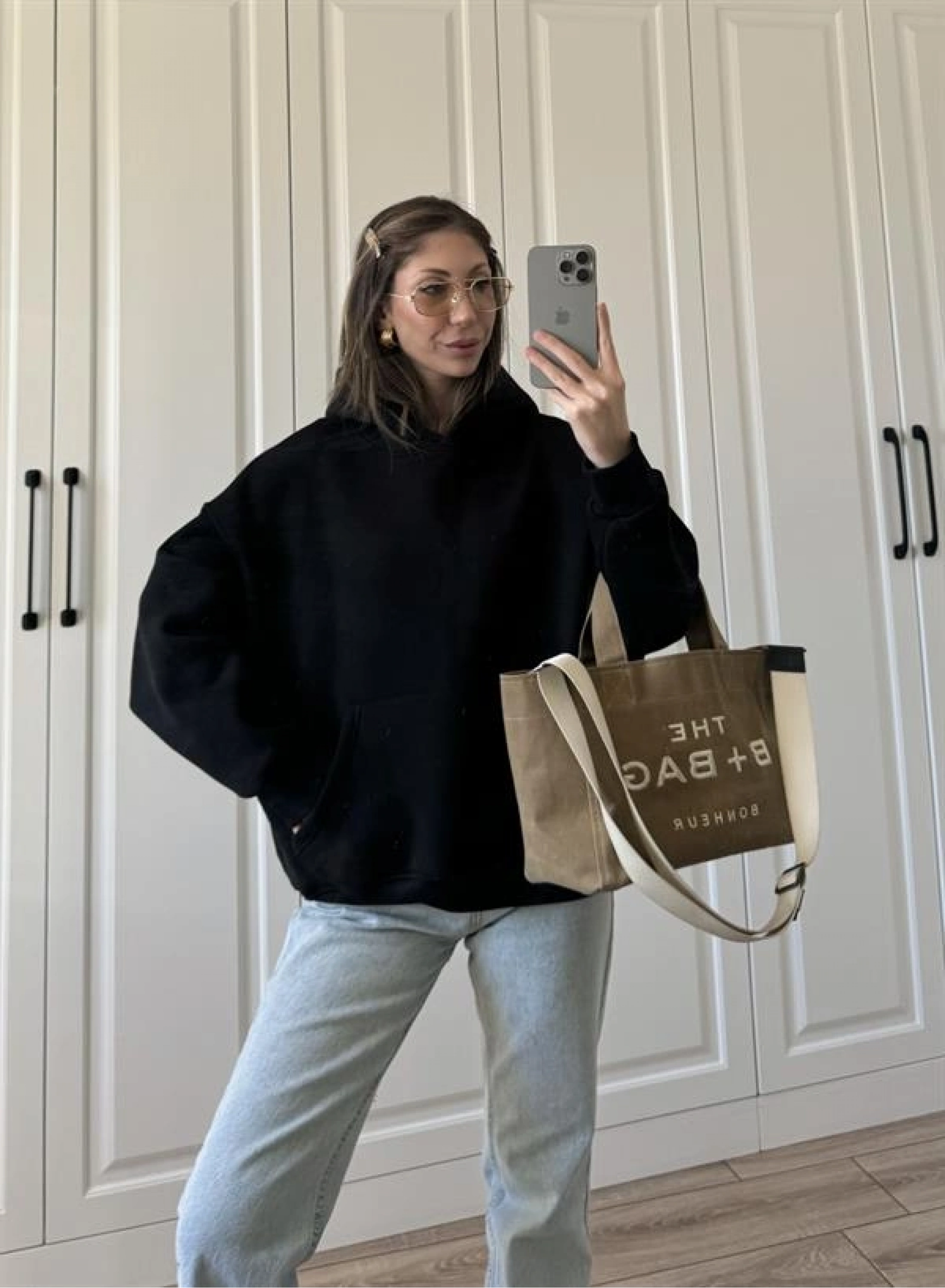 Şardonlu Oversize Siyah Sweatshirt