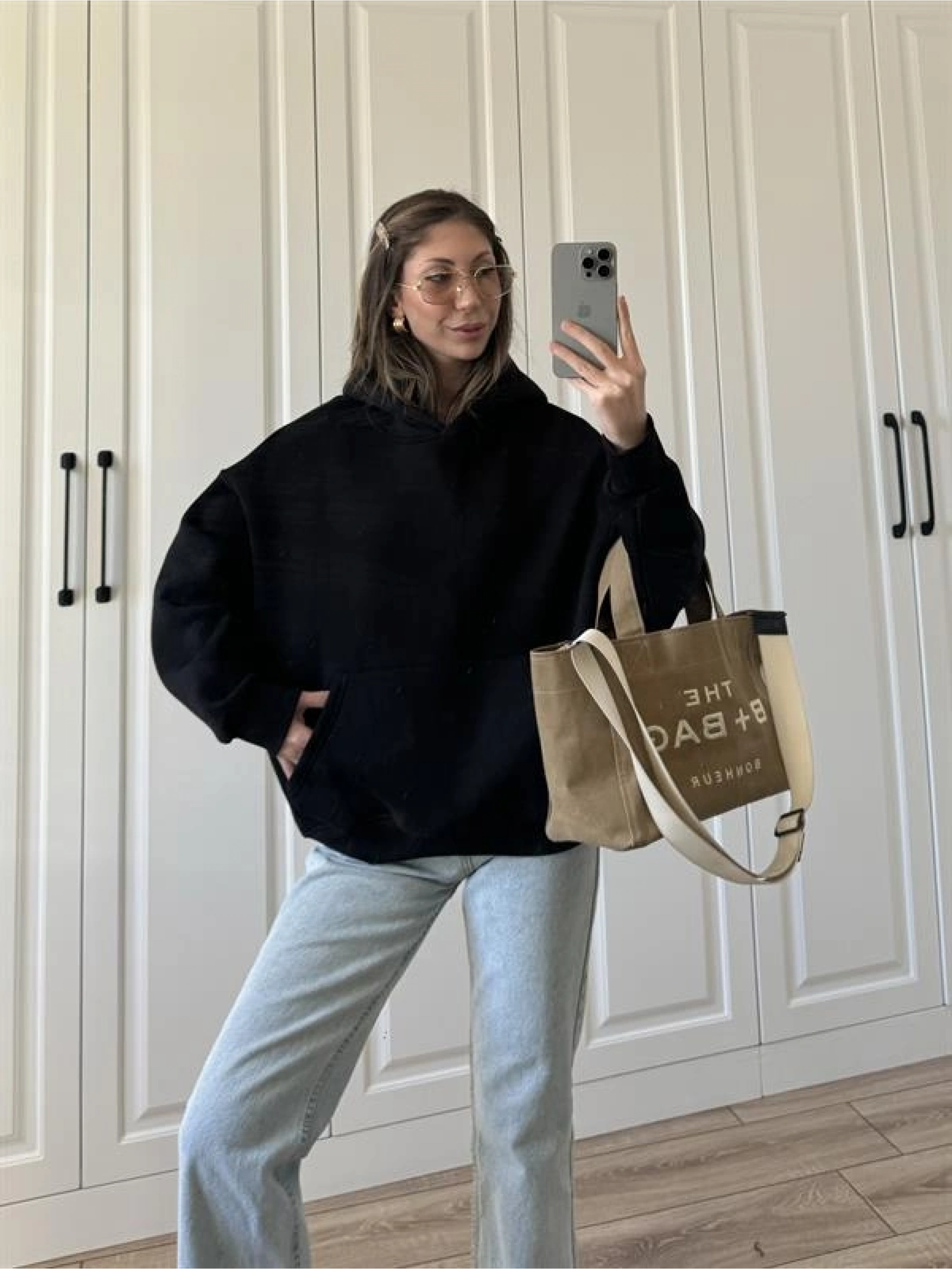 Şardonlu Oversize Siyah Sweatshirt