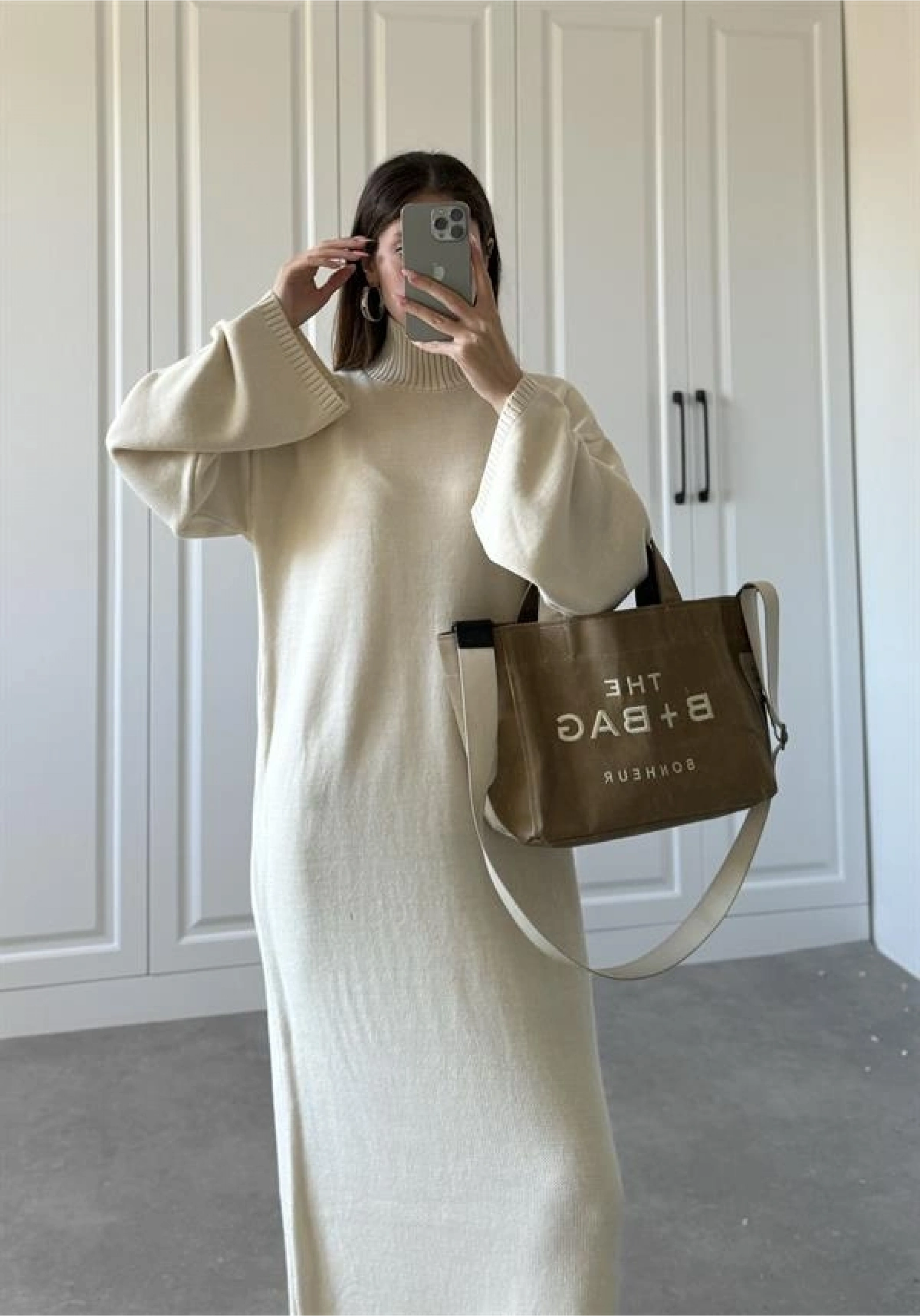 Taş Dik Yaka Oversize Triko Elbise