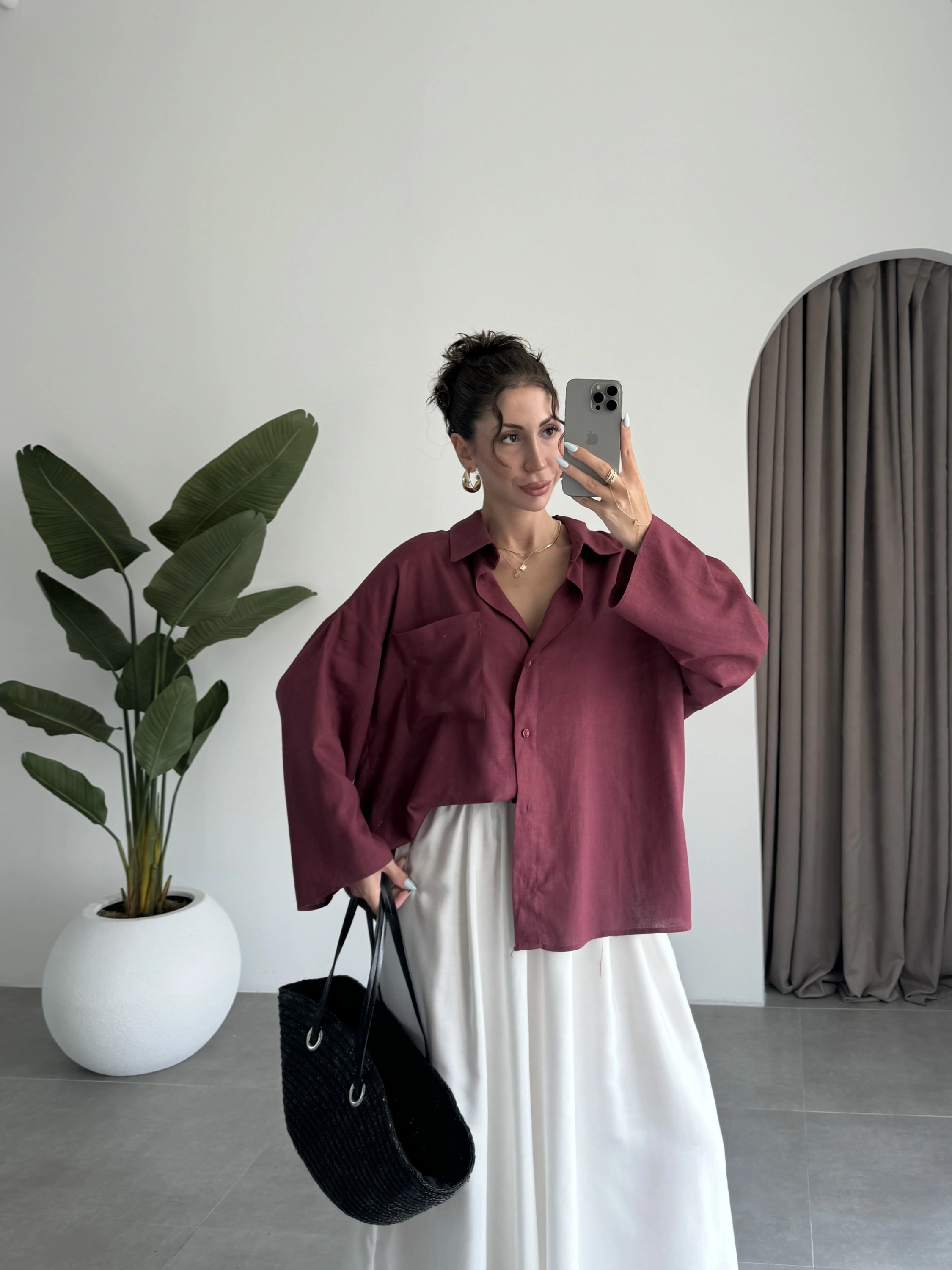Tek Cepli Keten Oversize Bordo Gömlek