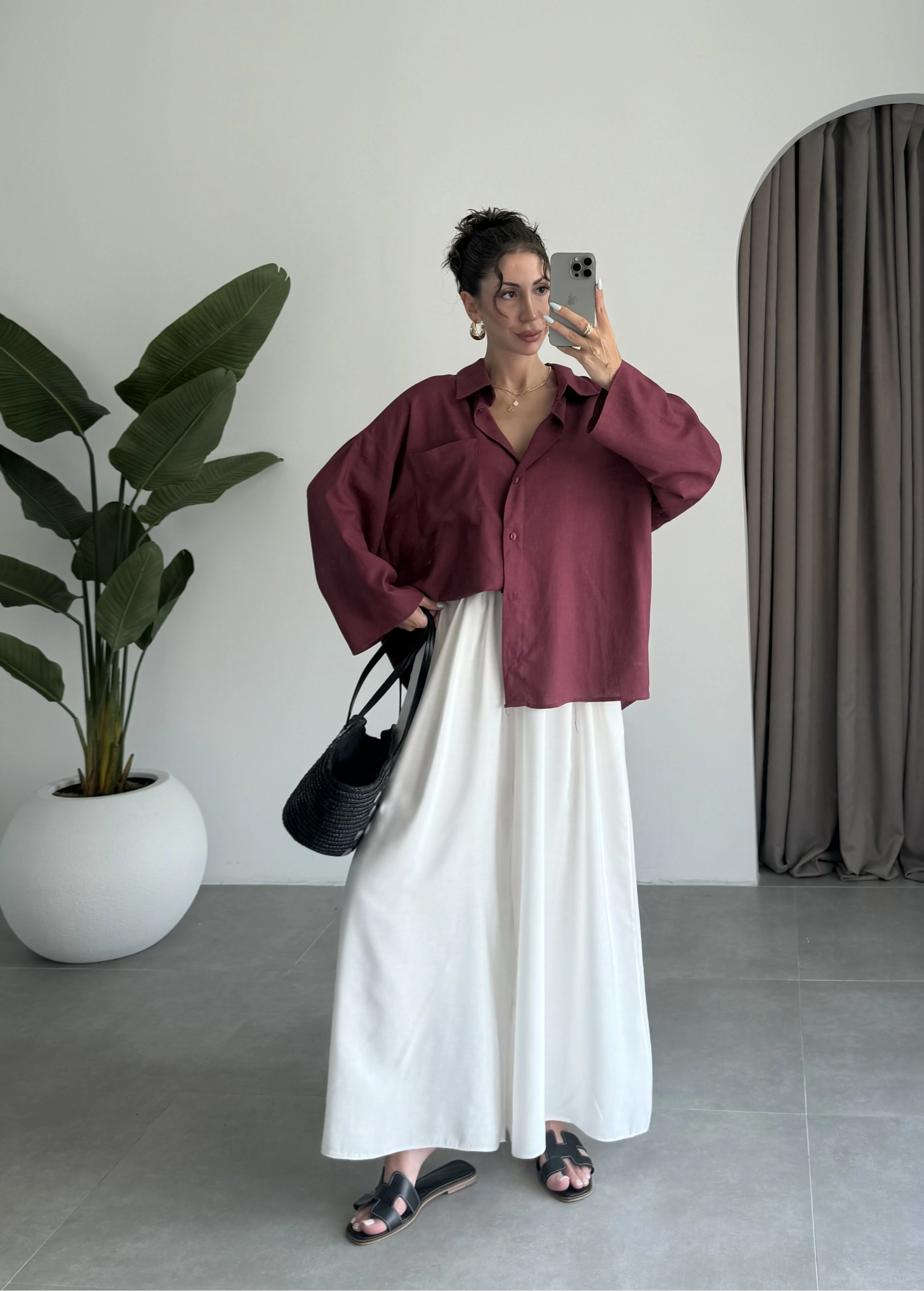 Tek Cepli Keten Oversize Bordo Gömlek