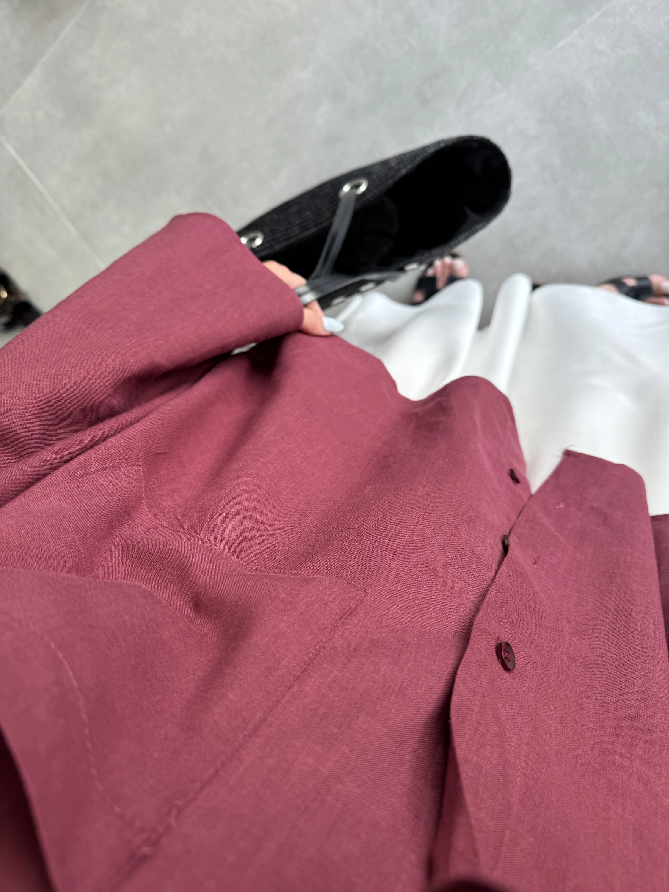 Tek Cepli Keten Oversize Bordo Gömlek