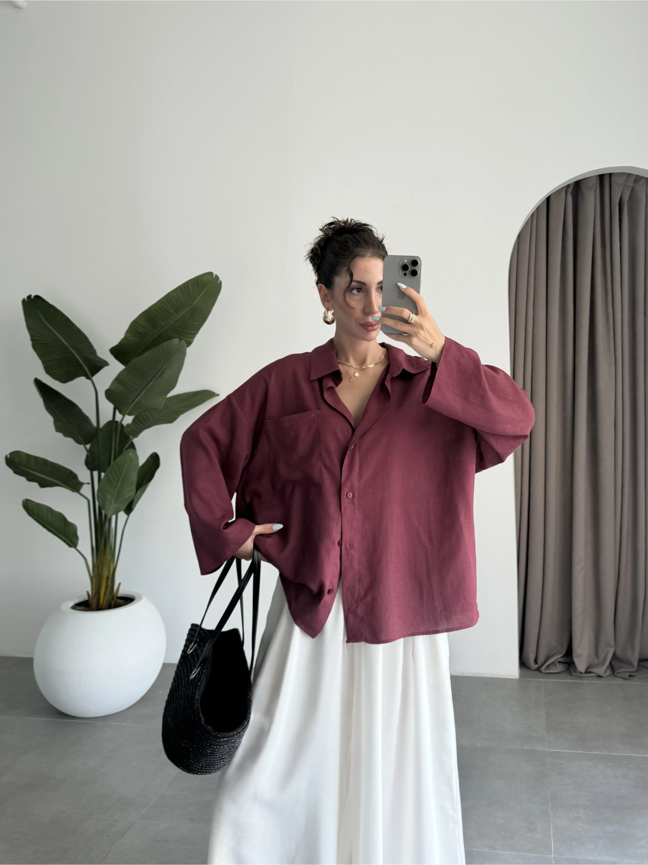 Tek Cepli Keten Oversize Bordo Gömlek