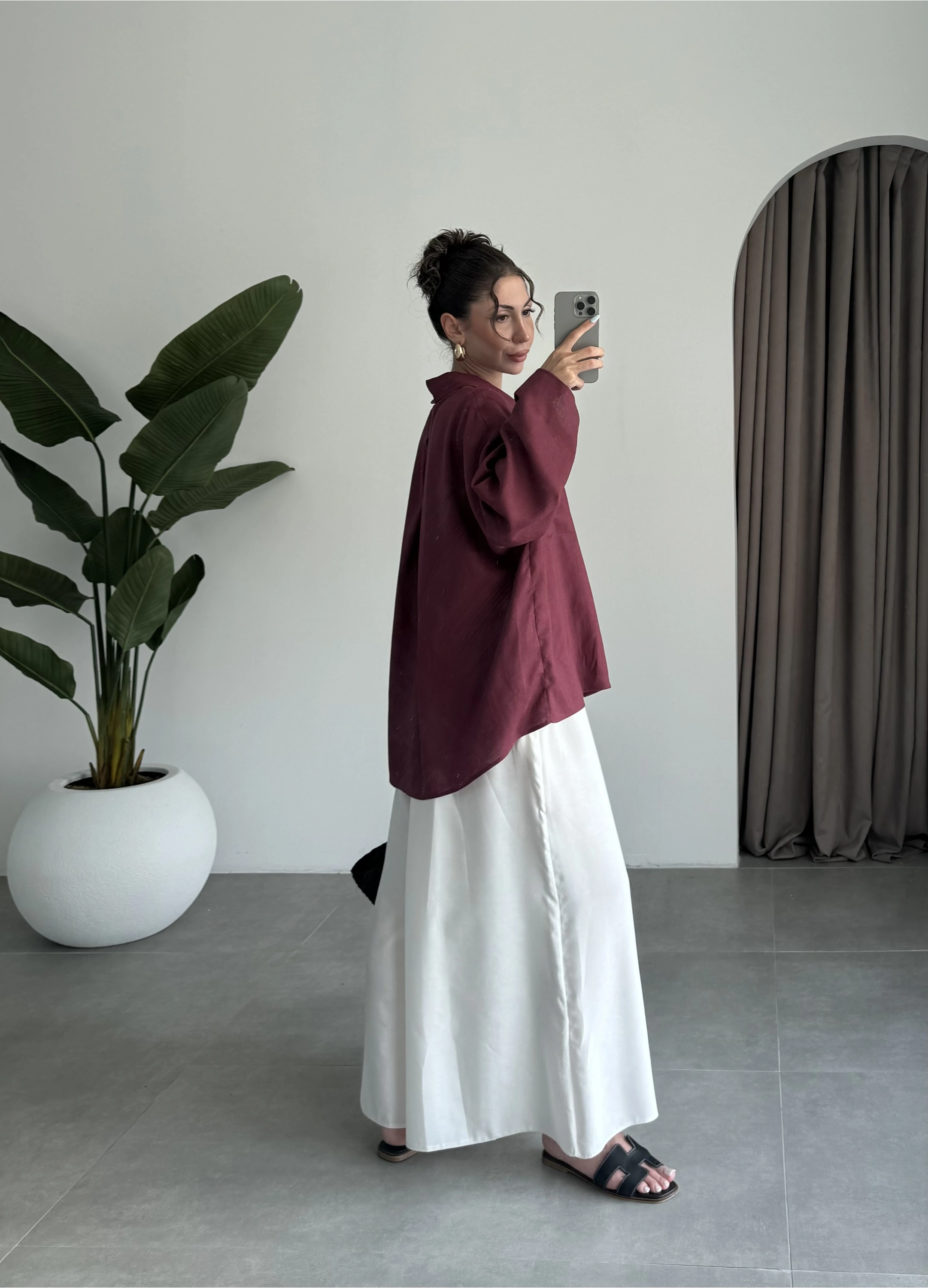 Tek Cepli Keten Oversize Bordo Gömlek