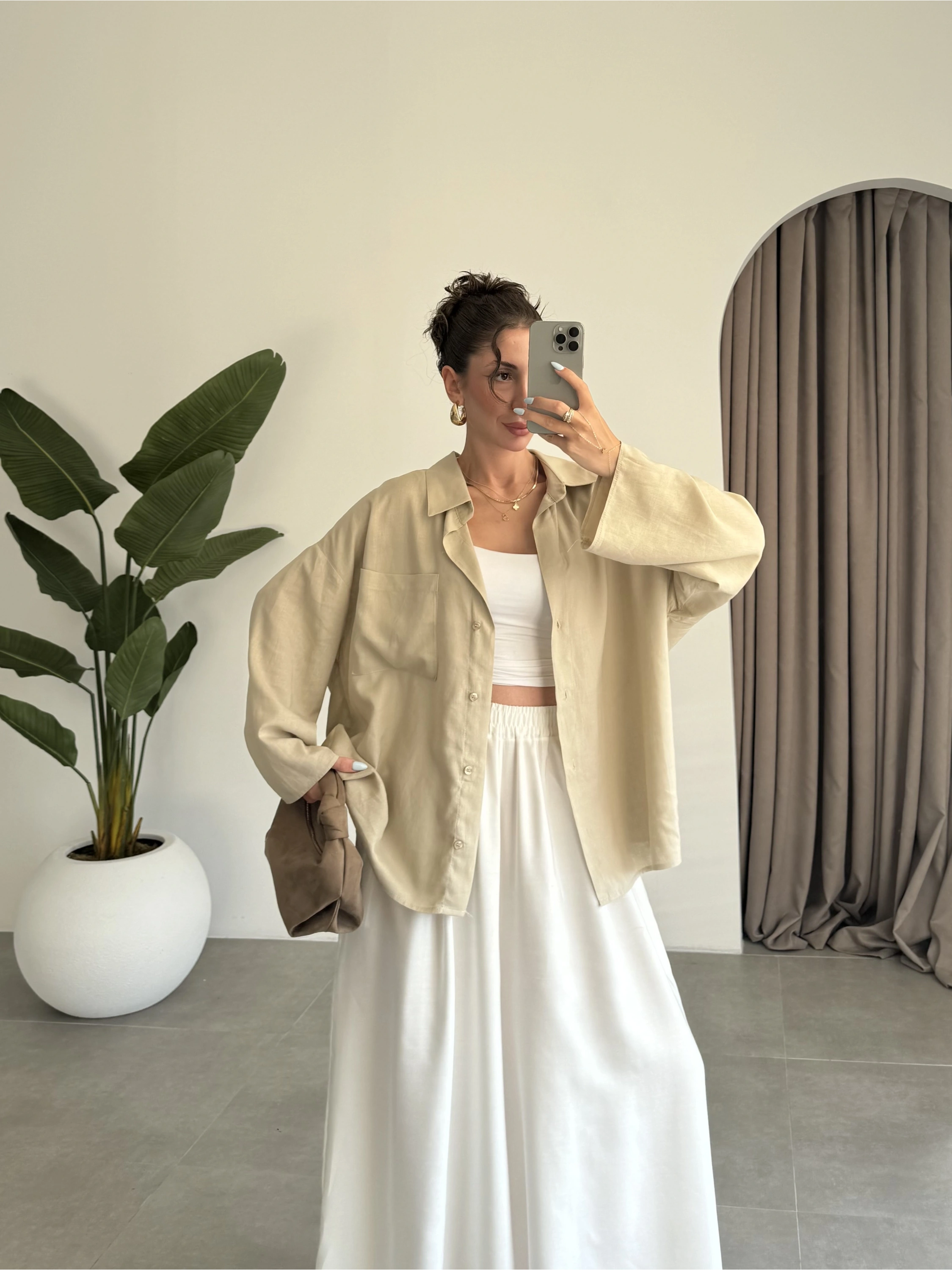 Tek Cepli Keten Oversize Taş Gömlek