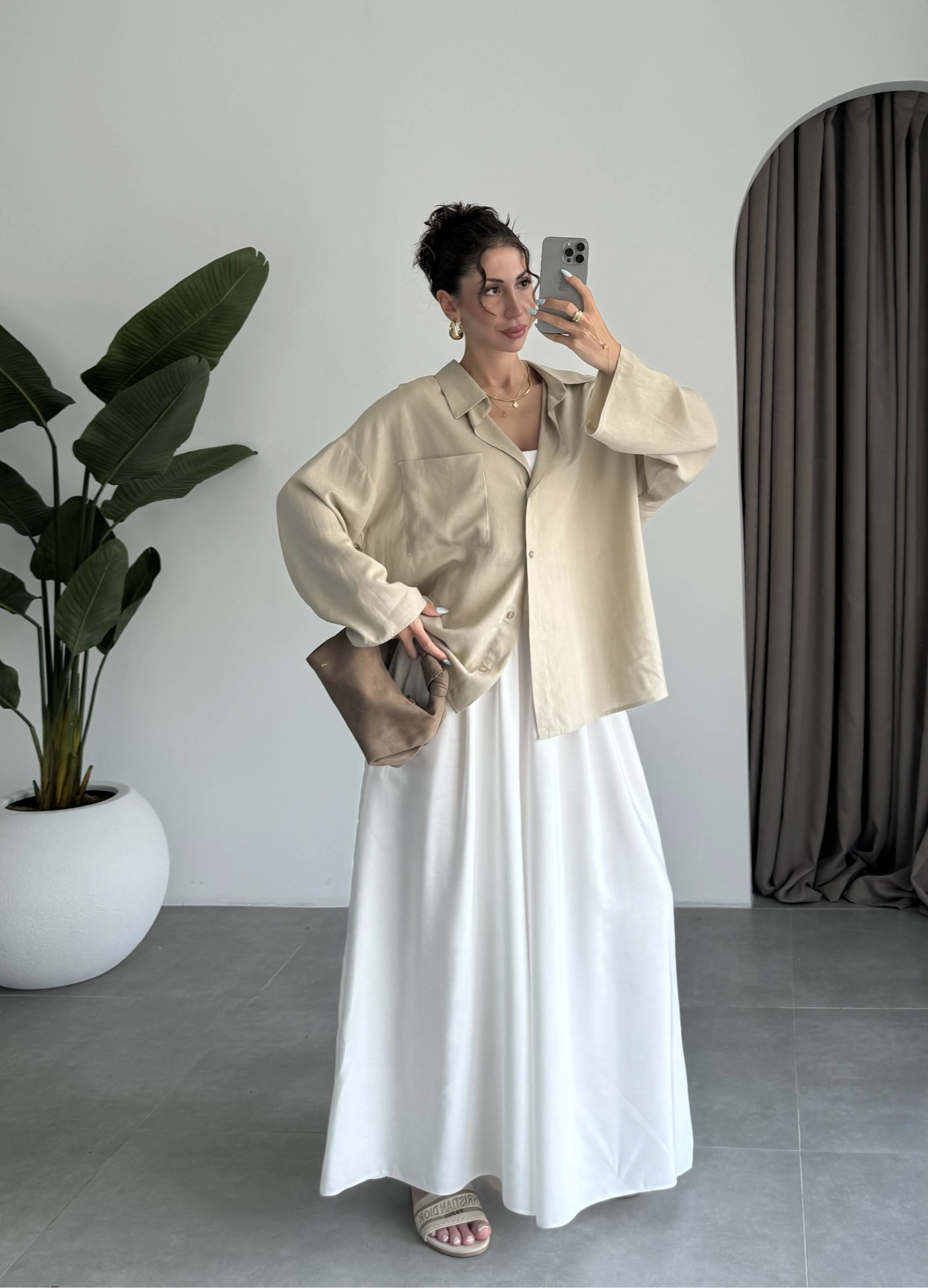Tek Cepli Keten Oversize Taş Gömlek