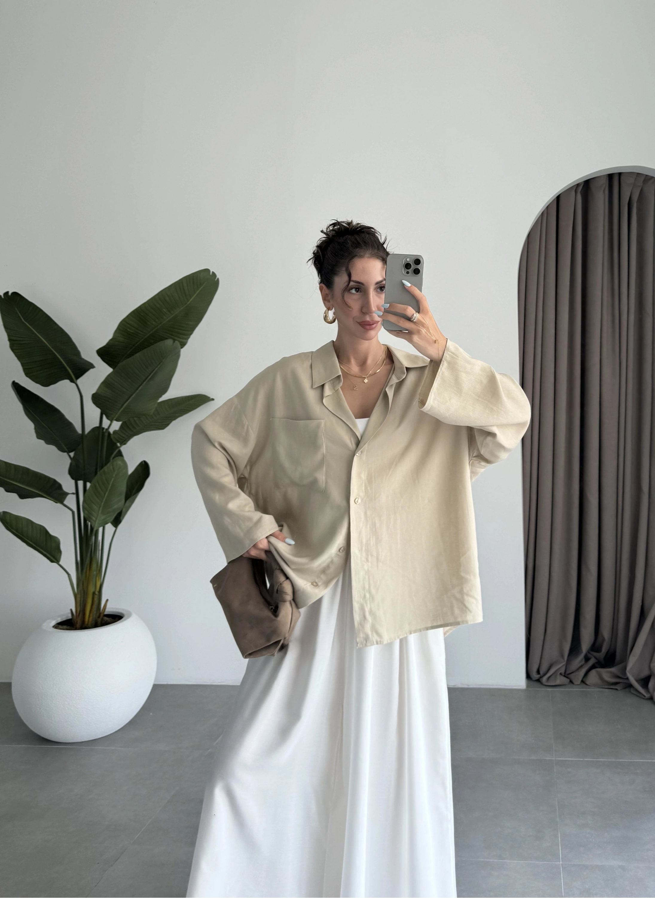 Tek Cepli Keten Oversize Taş Gömlek