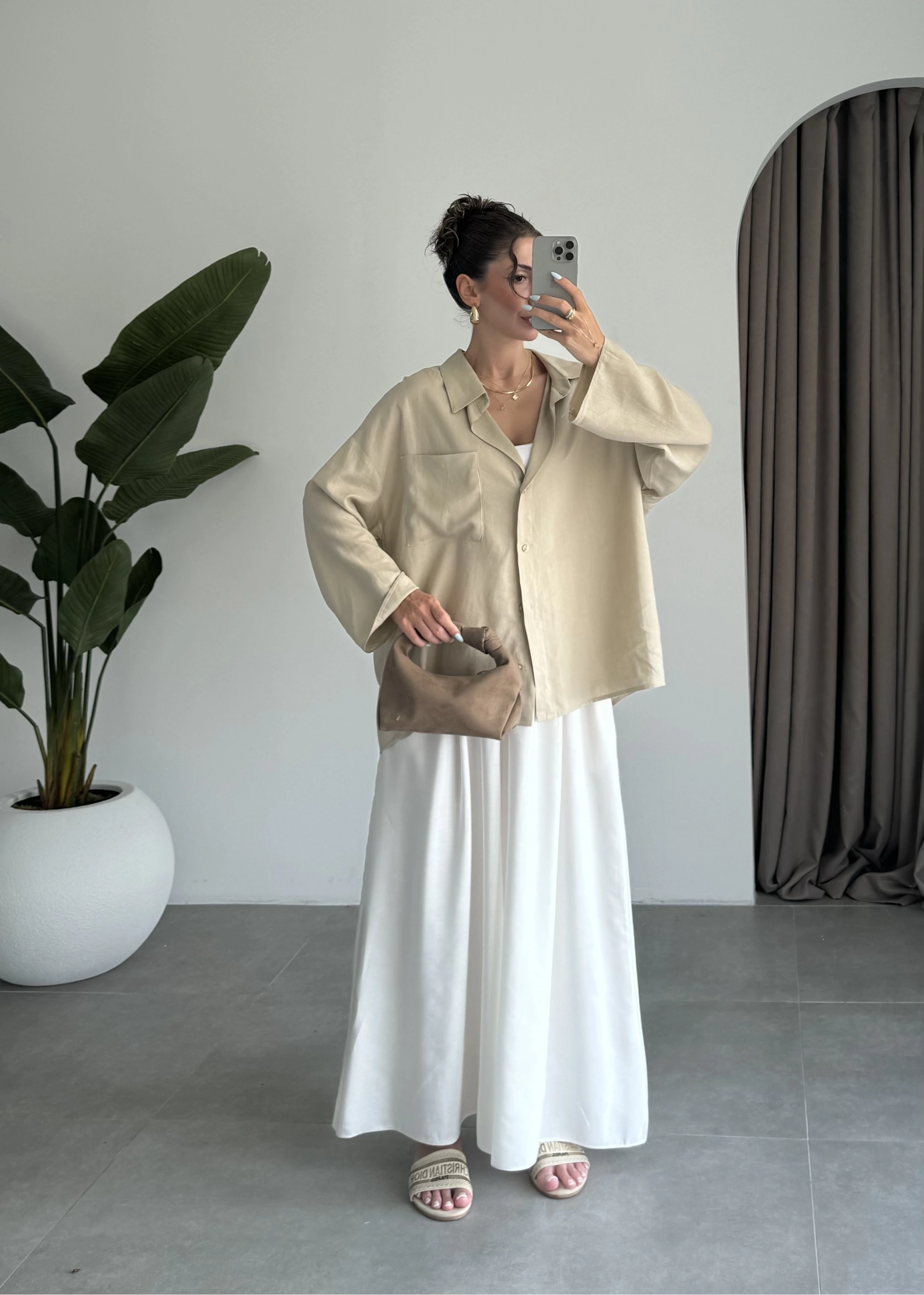Tek Cepli Keten Oversize Taş Gömlek