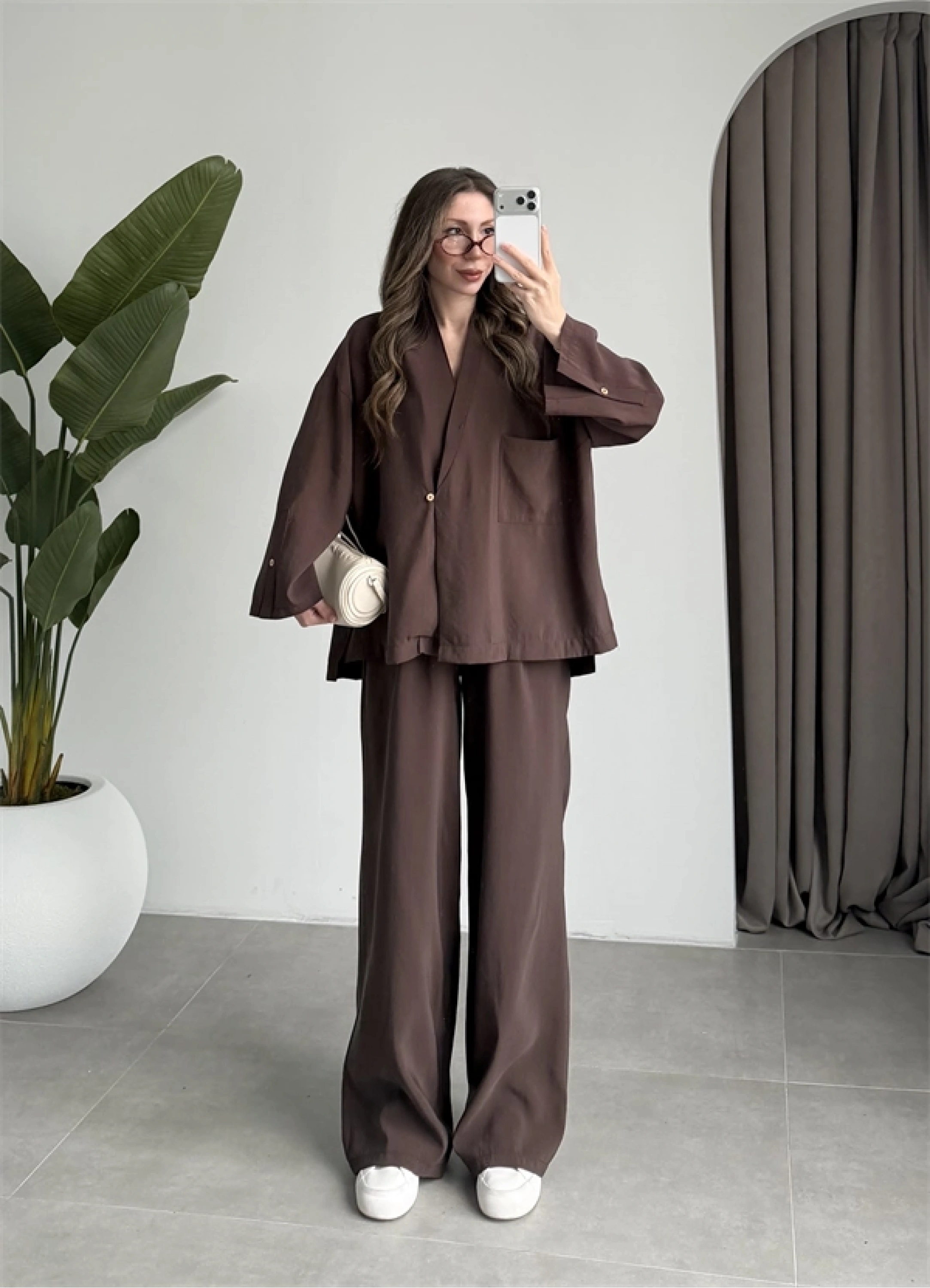 Tek Düğme Oversize Tensel Kahve Takım