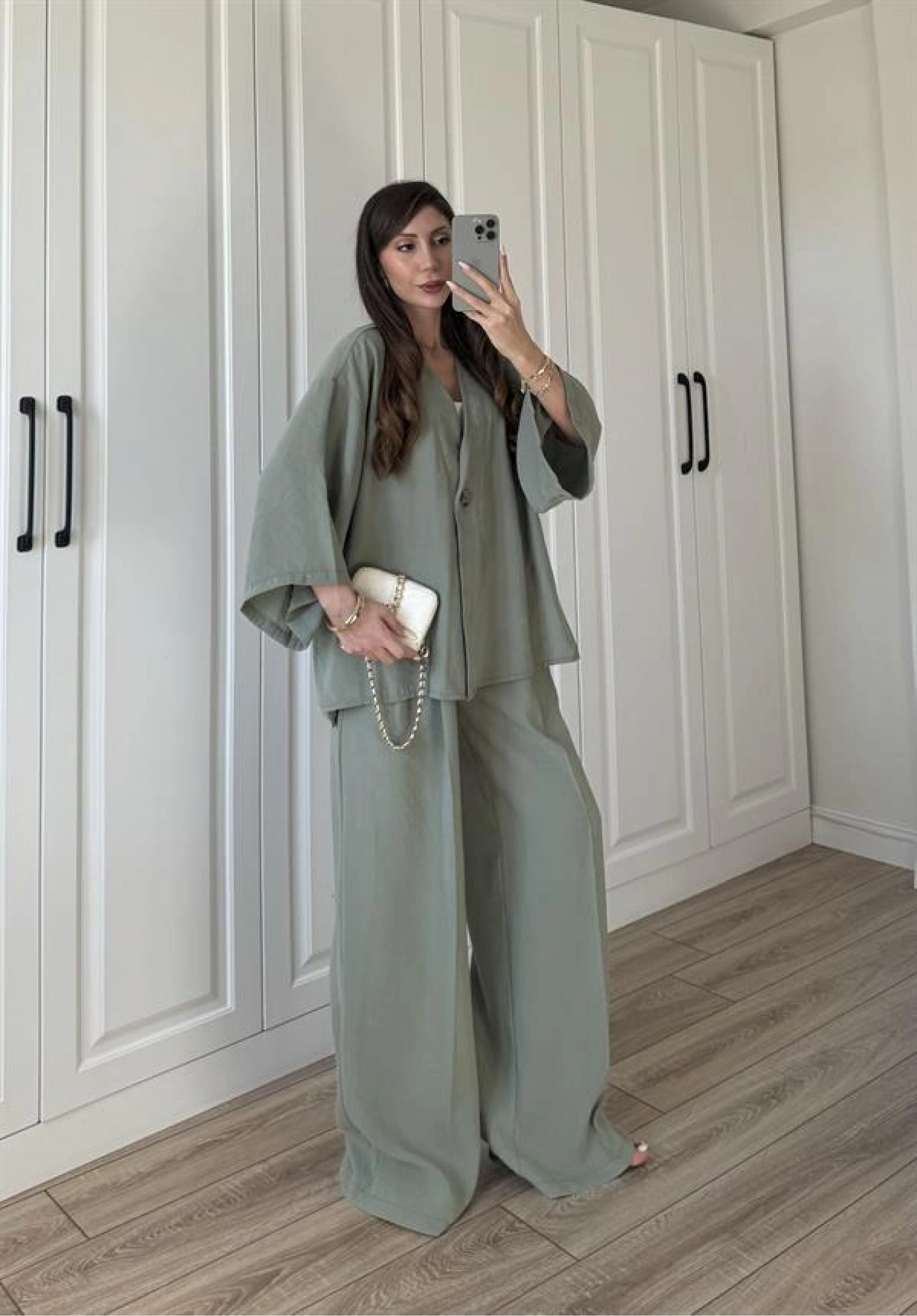 Tek Düğmeli Oversize Mint Yeşili Gömlek Takım