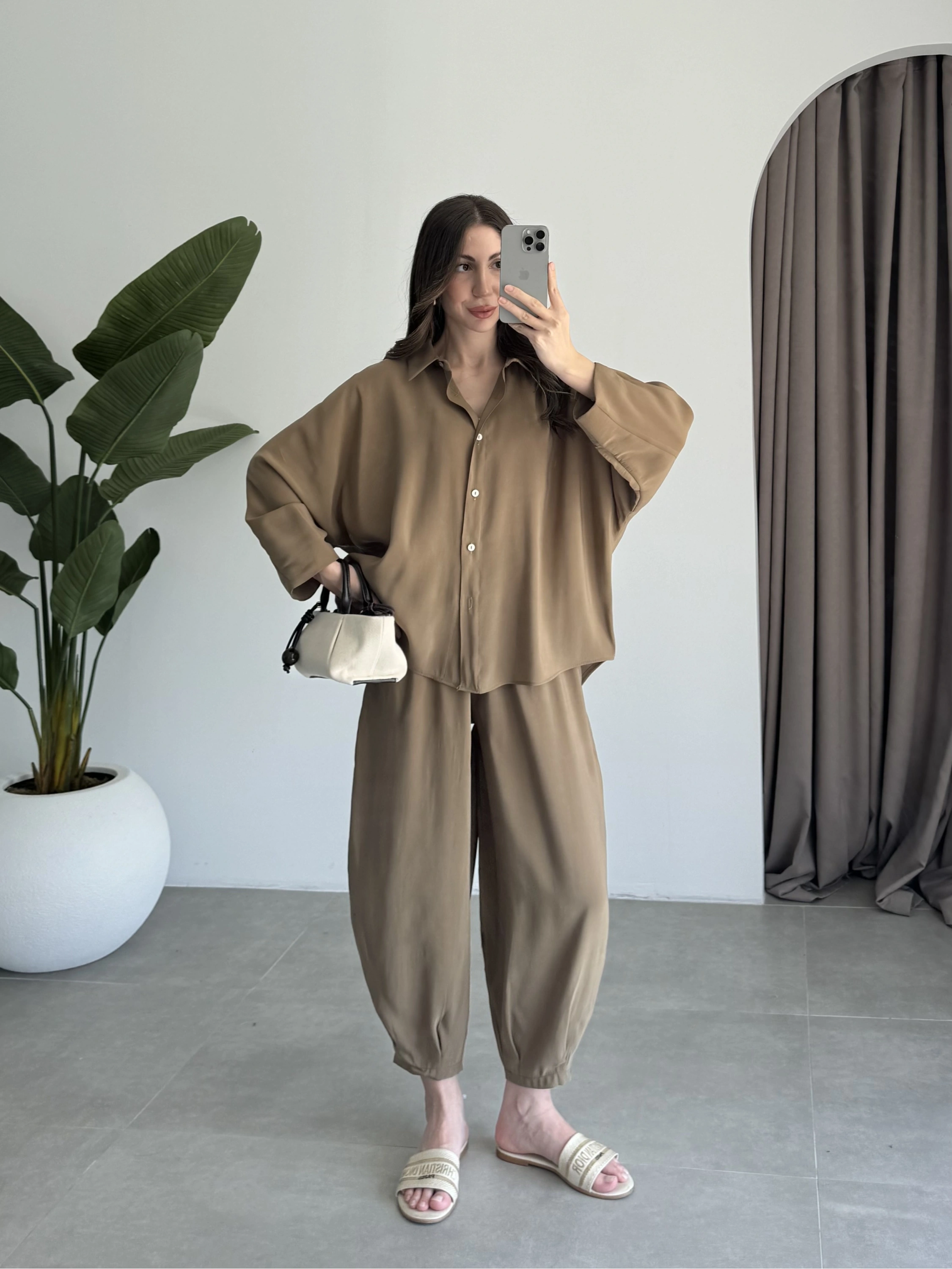 Tensel Oversize Haki Şalvar Takım