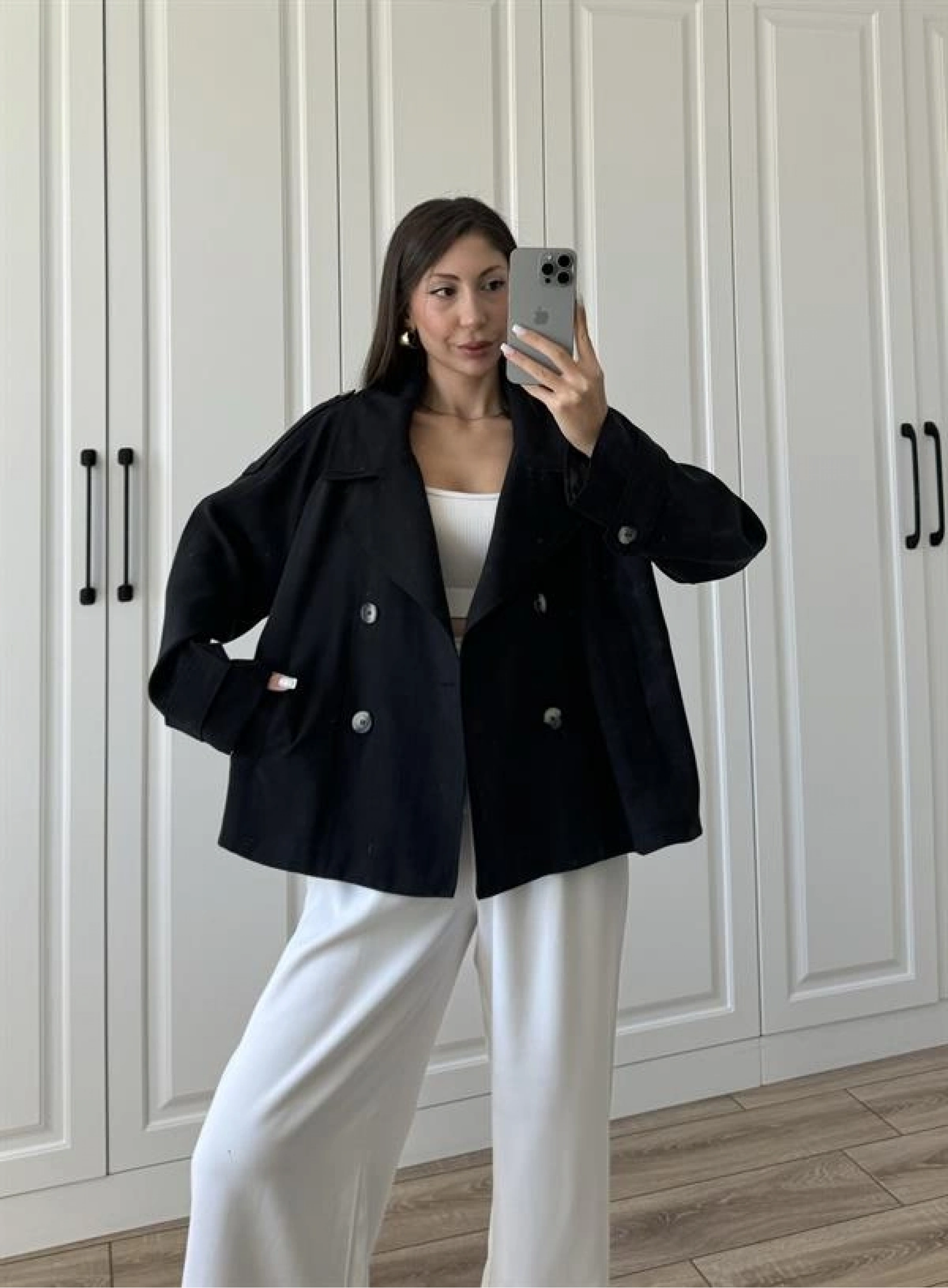 Tensel Oversize Siyah Kısa Trençkot