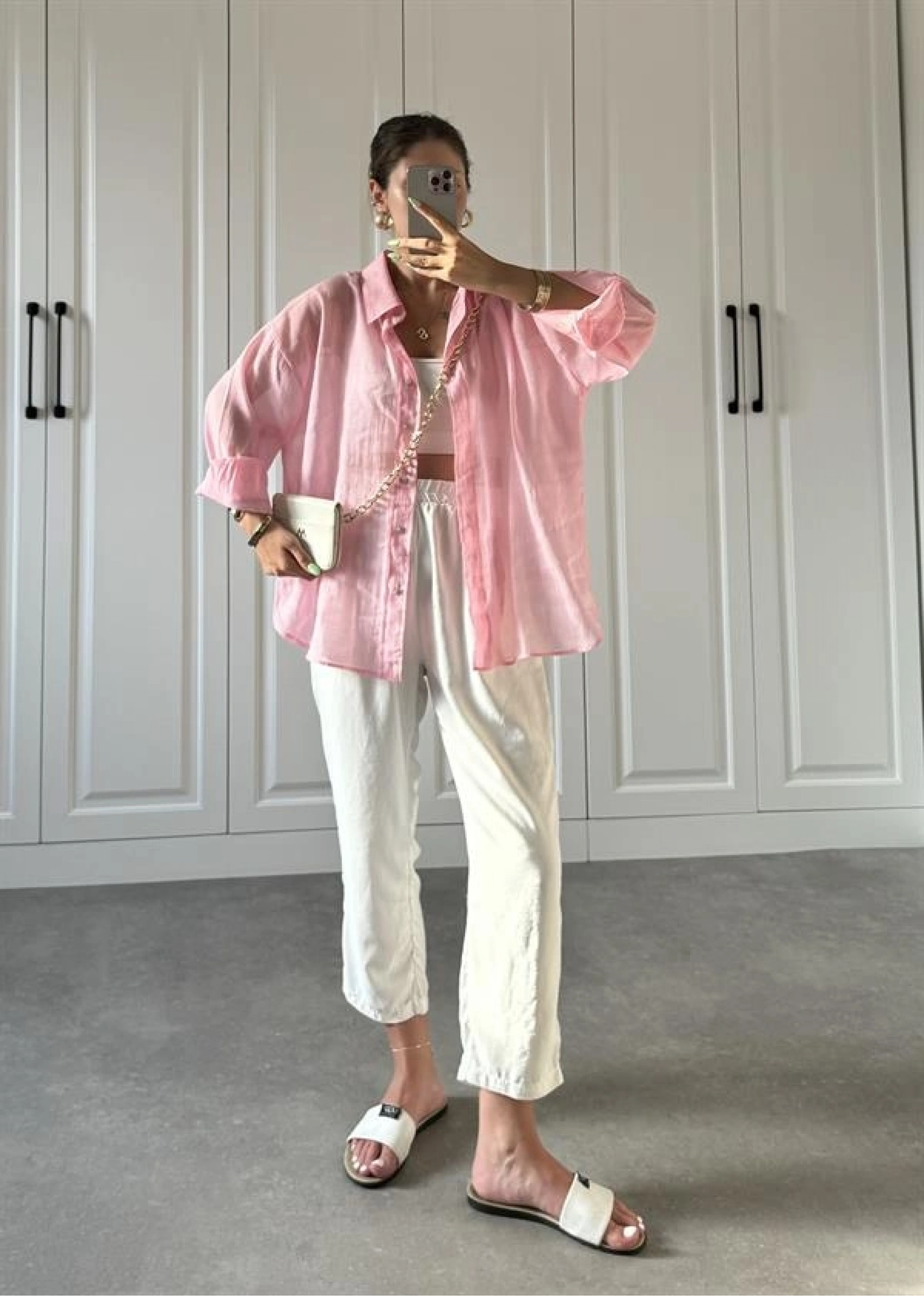 Transparan Pembe Oversize Gömlek