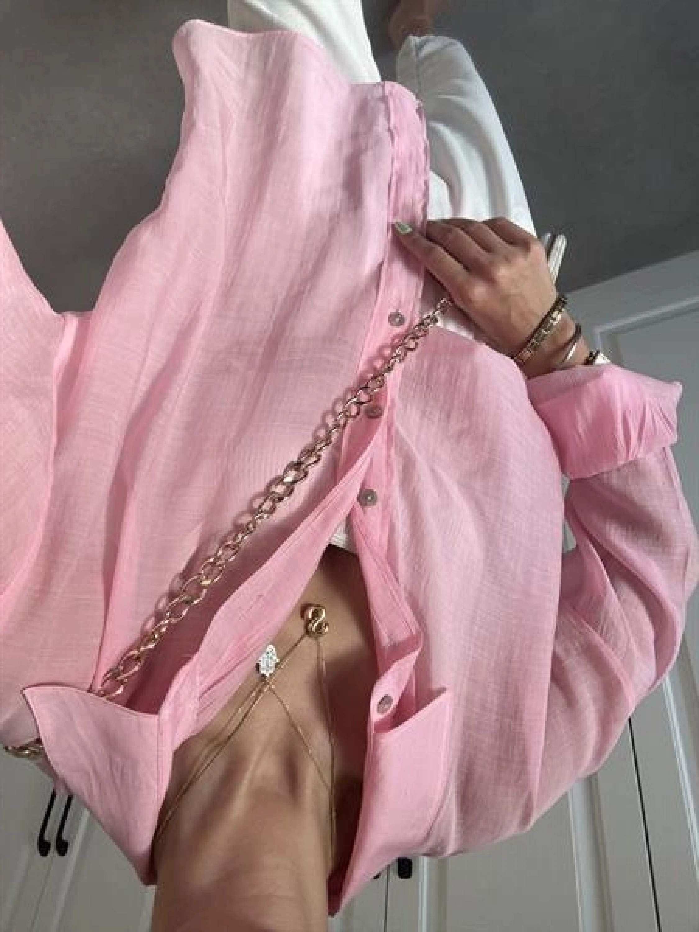 Transparan Pembe Oversize Gömlek