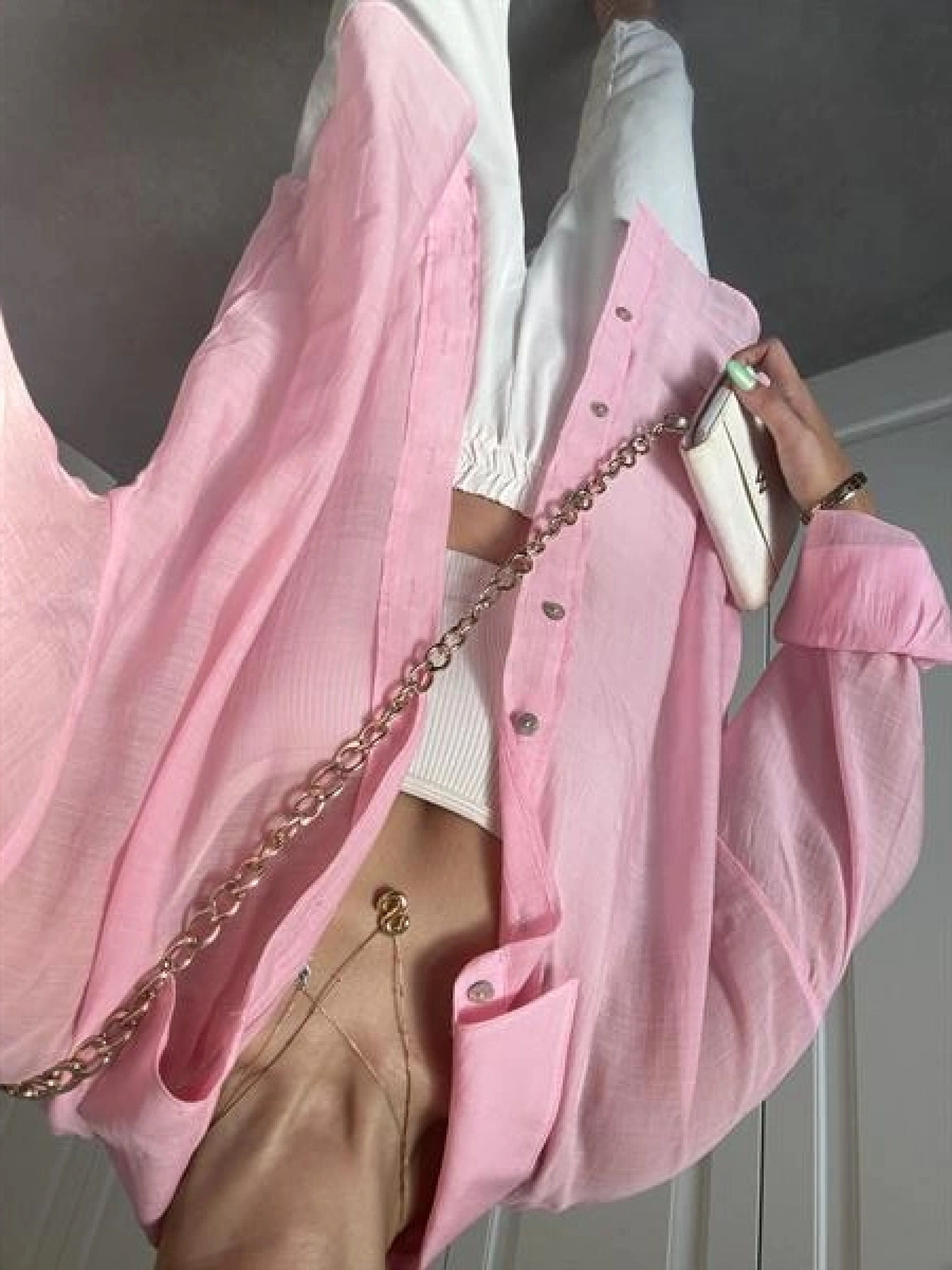 Transparan Pembe Oversize Gömlek