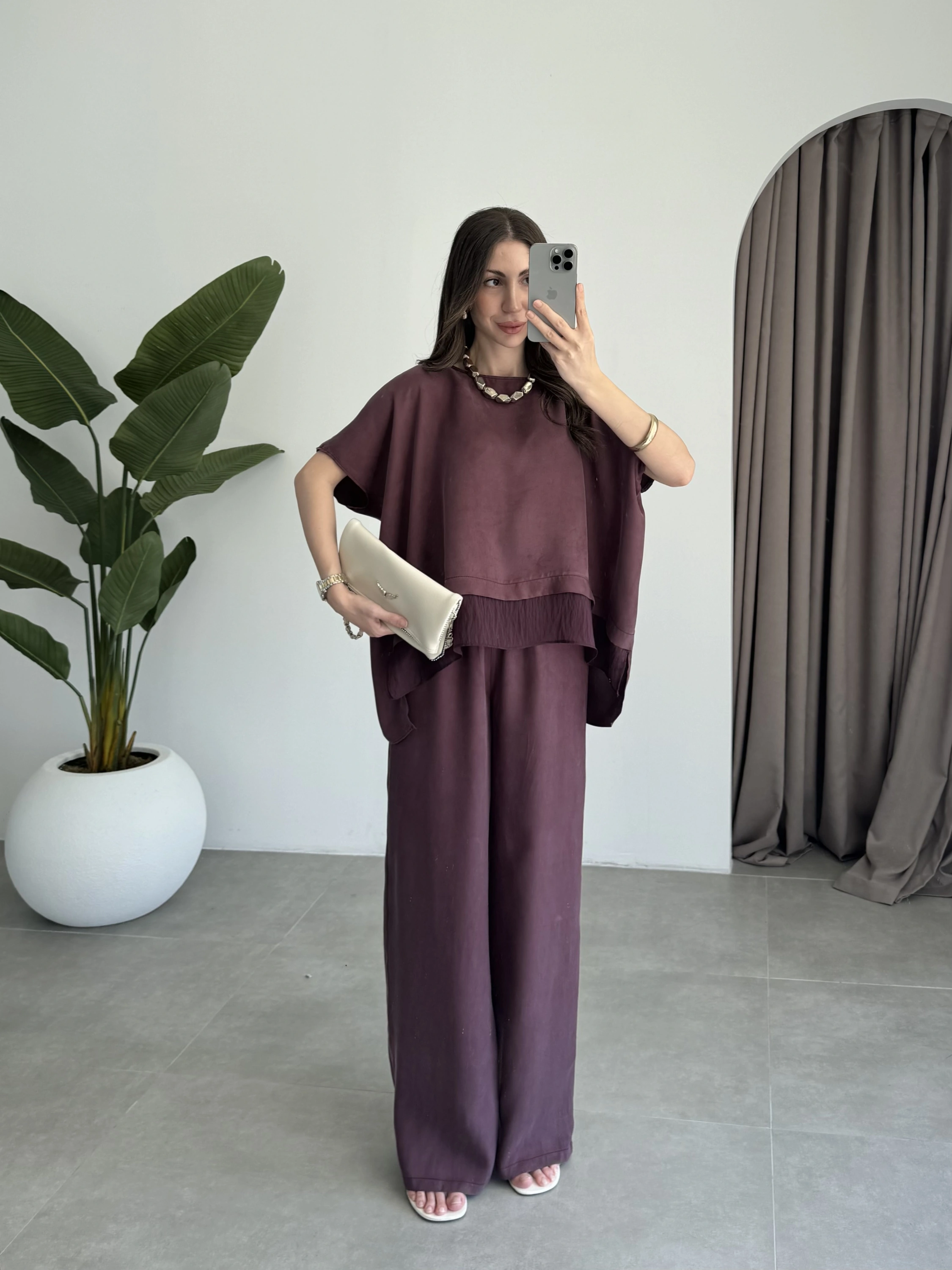 Tül Detaylı Mürdüm Bluz Takım