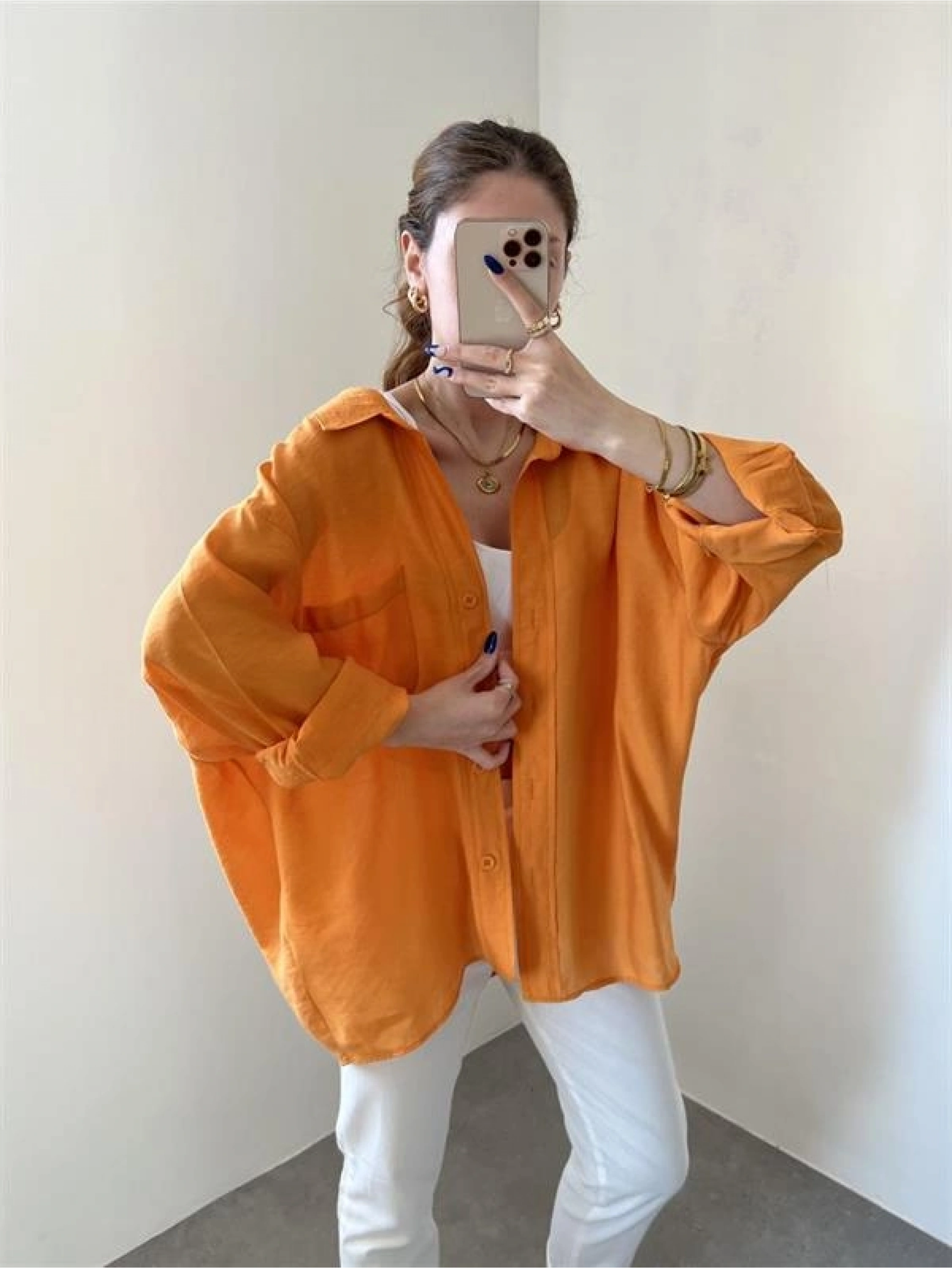 Turuncu Oversize Tensel Gömlek
