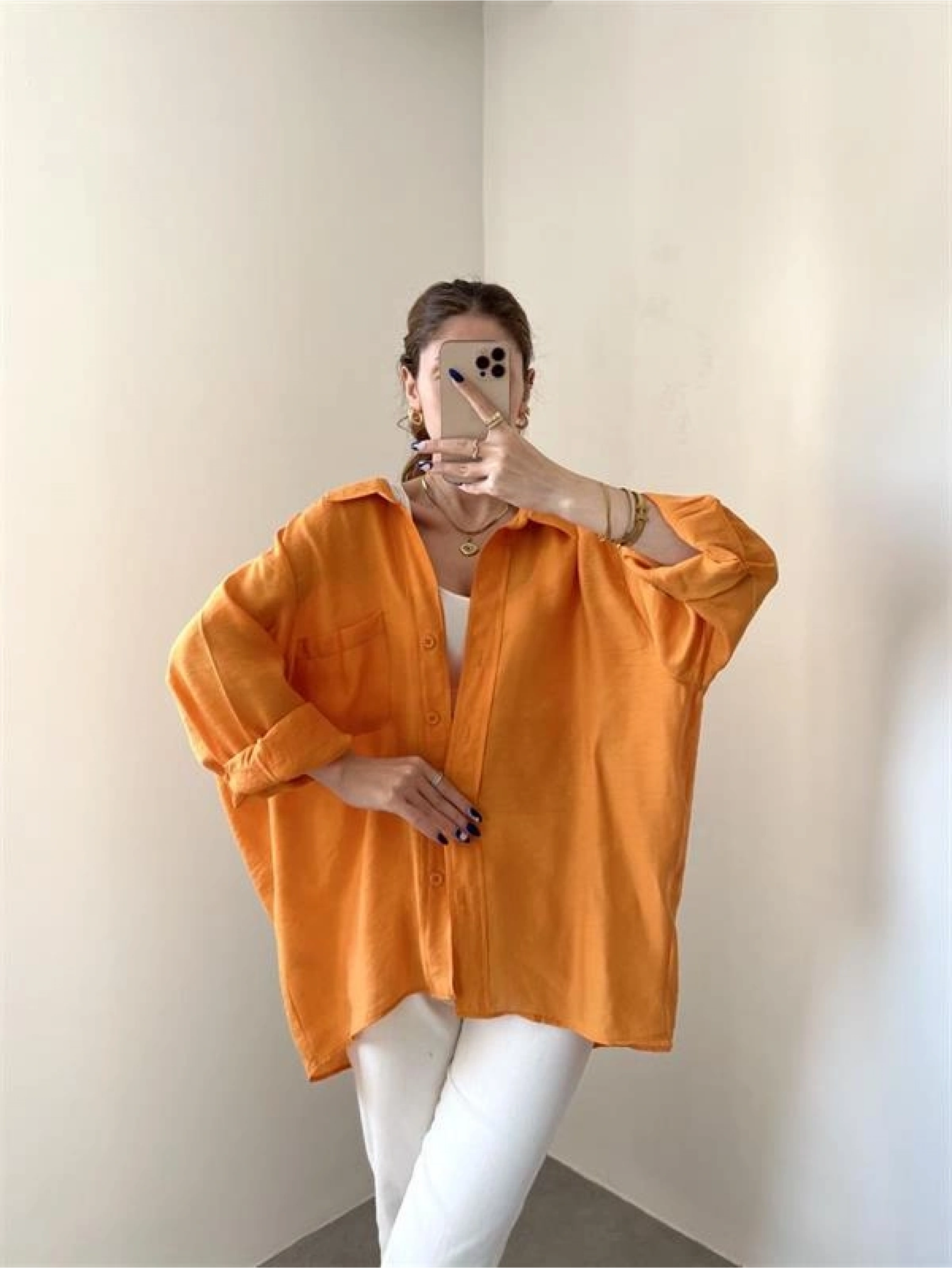 Turuncu Oversize Tensel Gömlek
