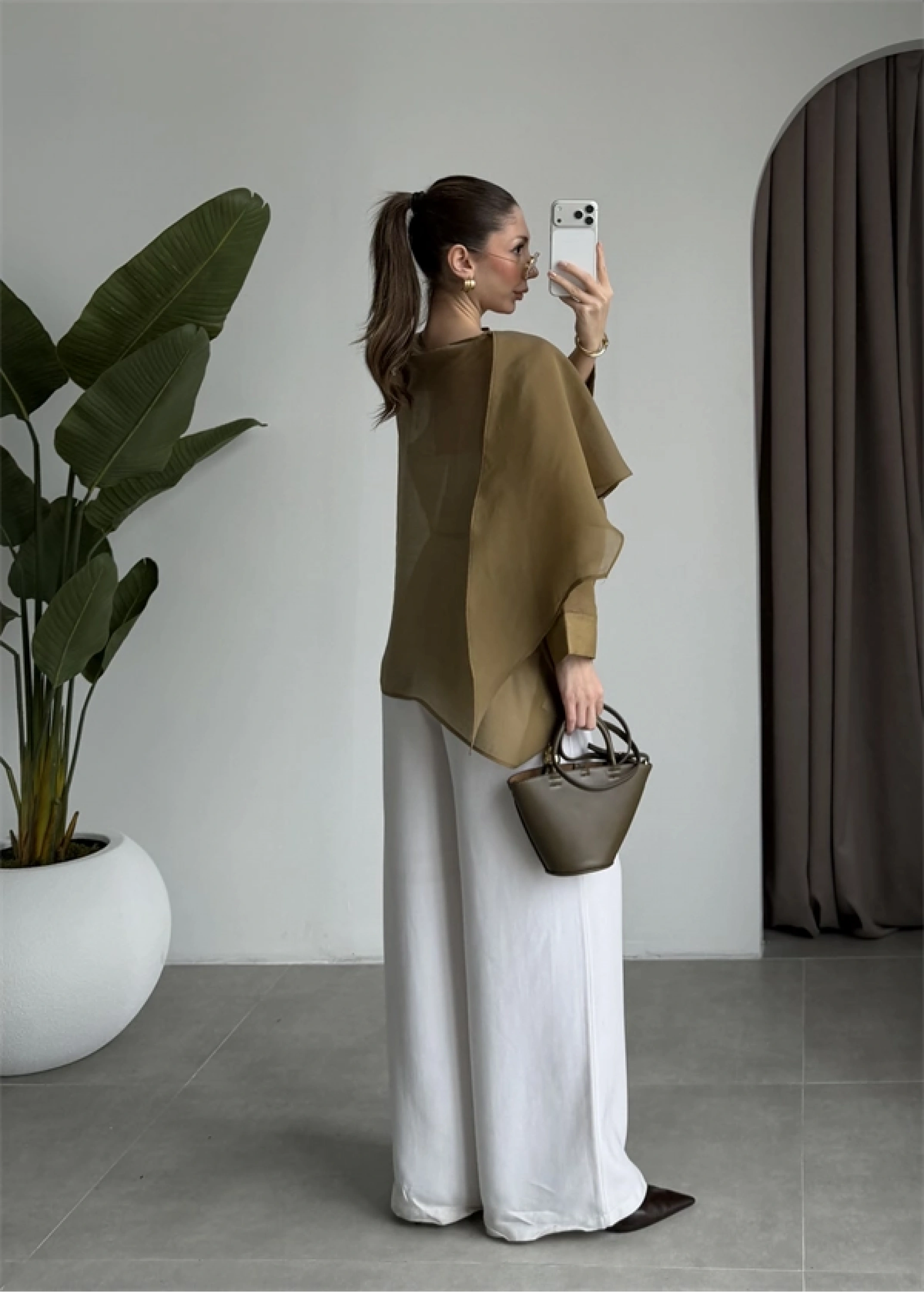 Uçuşan Pelerin Olive Tül Bluz