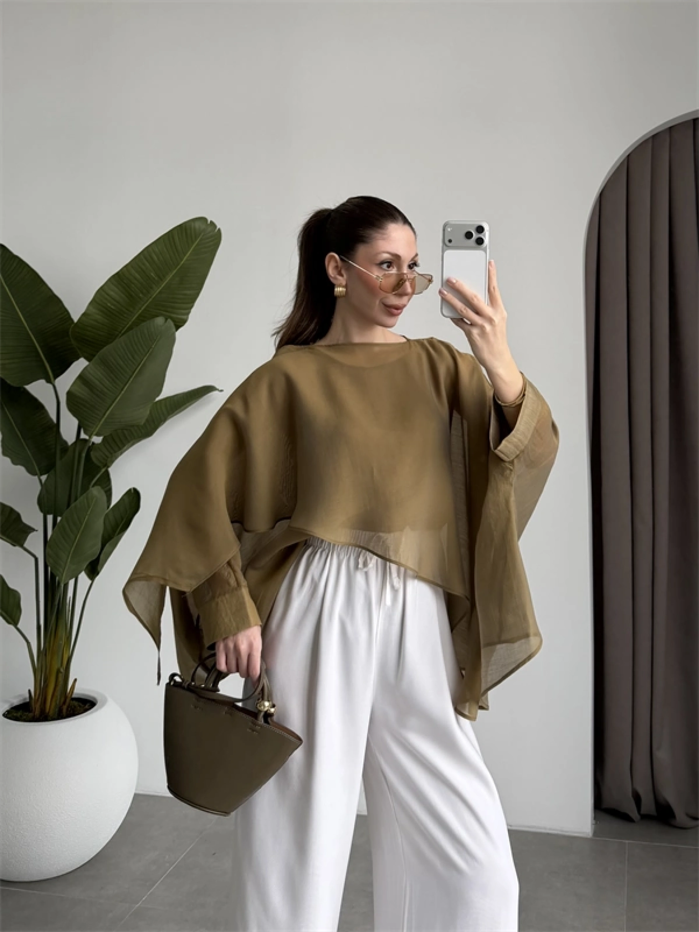 Uçuşan Pelerin Olive Tül Bluz