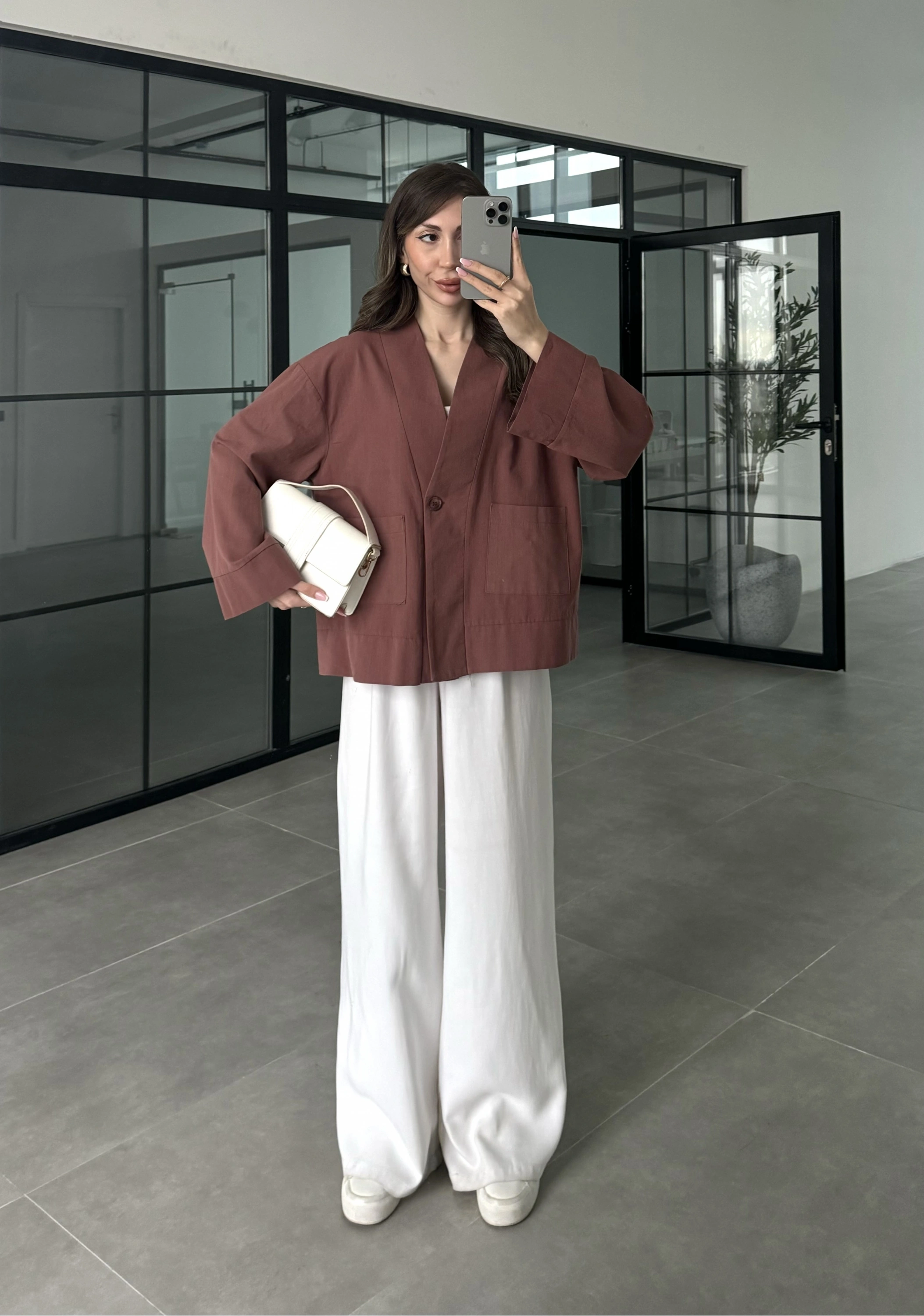 V Yaka Tek Düğme Keten Kiremit Kimono Ceket