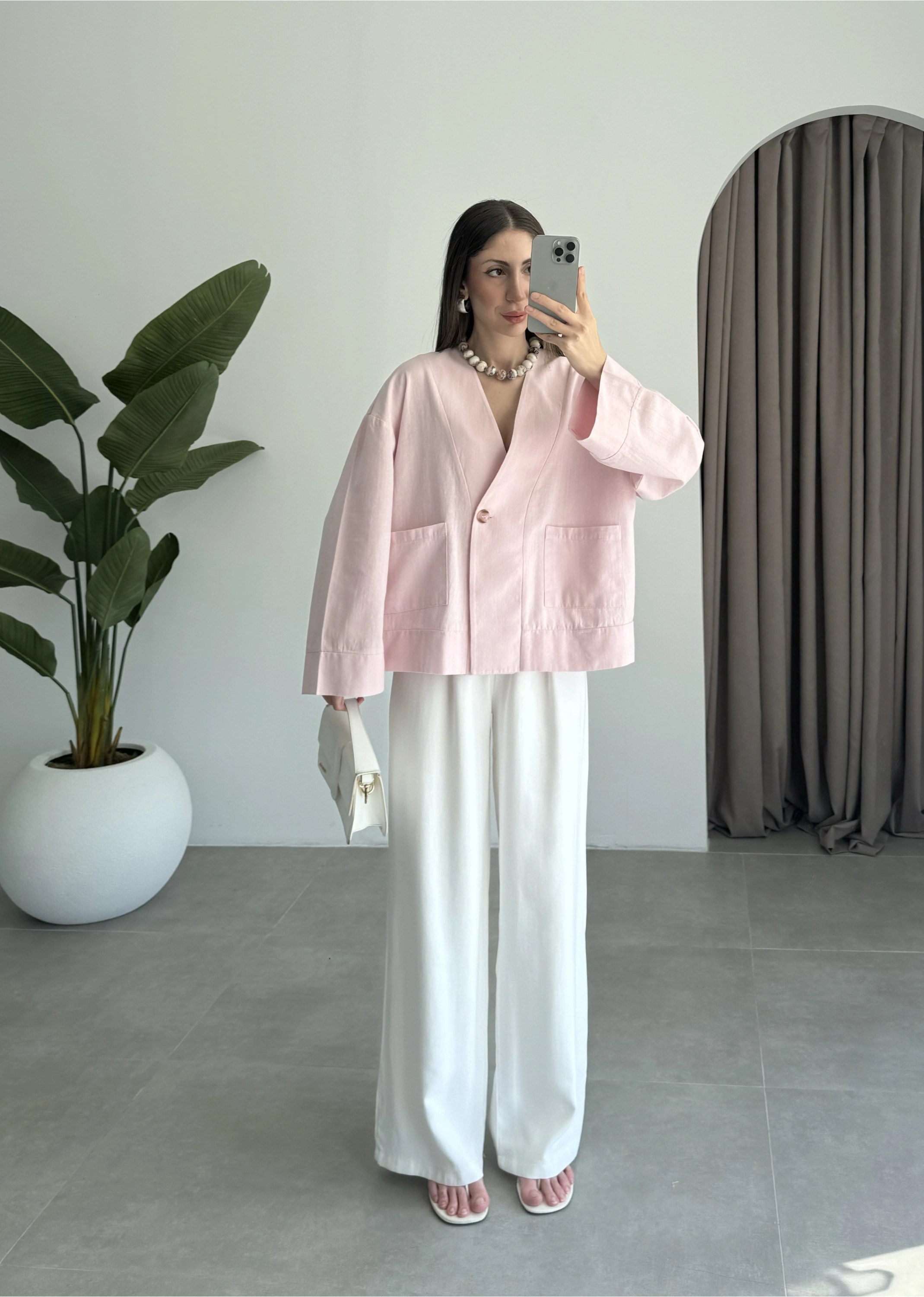 V Yaka Tek Düğme Keten Pembe Kimono Ceket