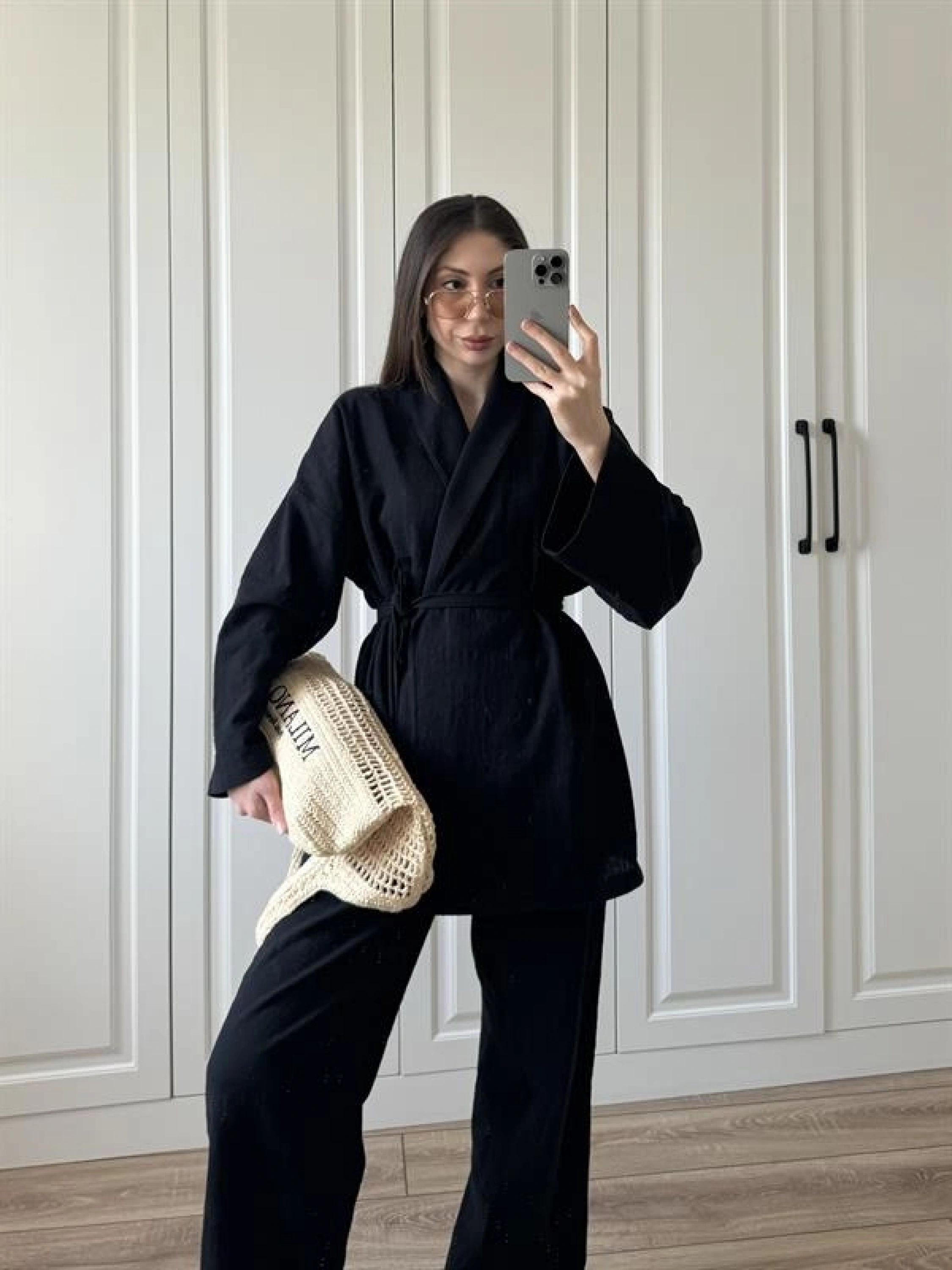 Vool Ham Keten Siyah Kimono Takım