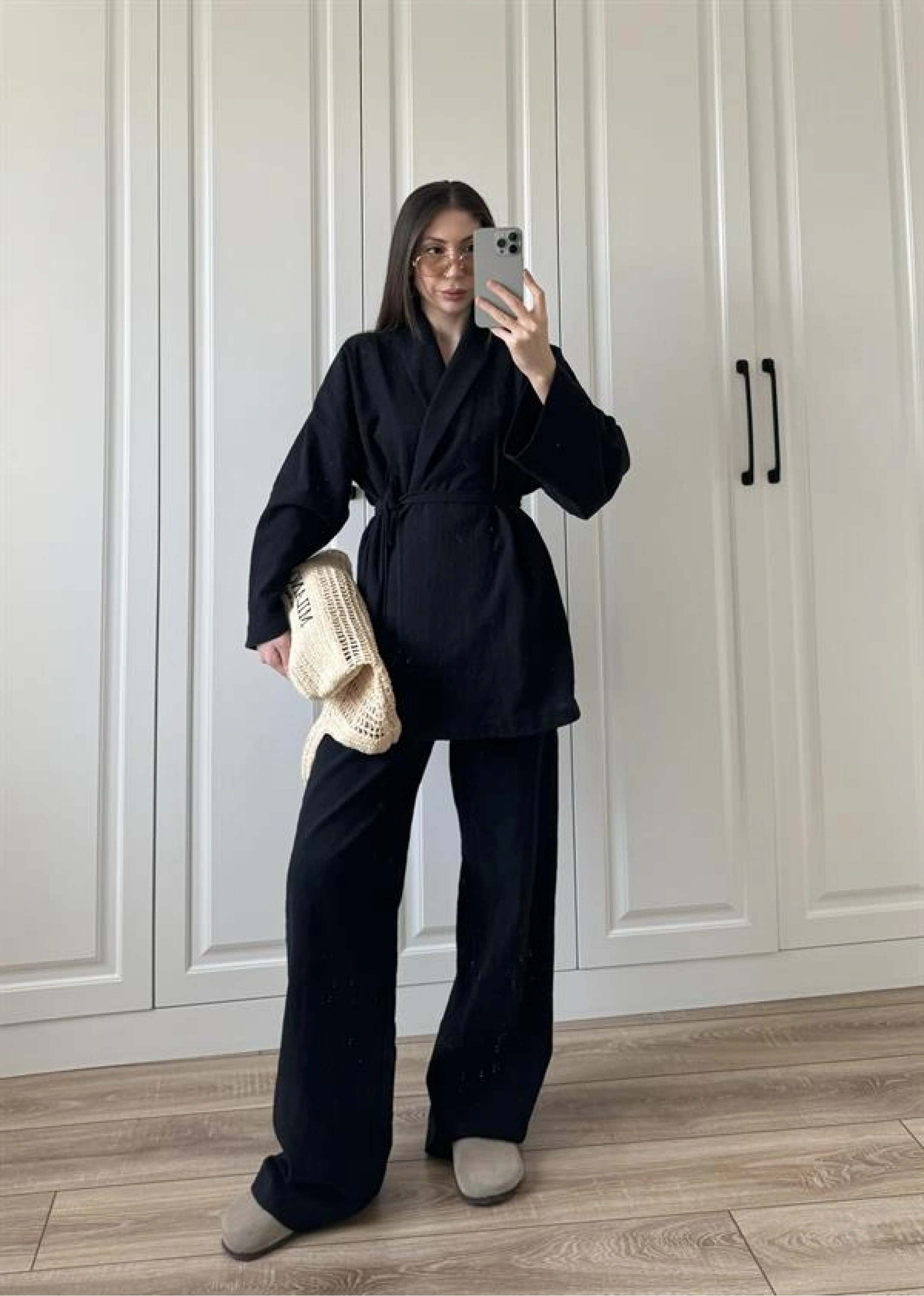 Vool Ham Keten Siyah Kimono Takım