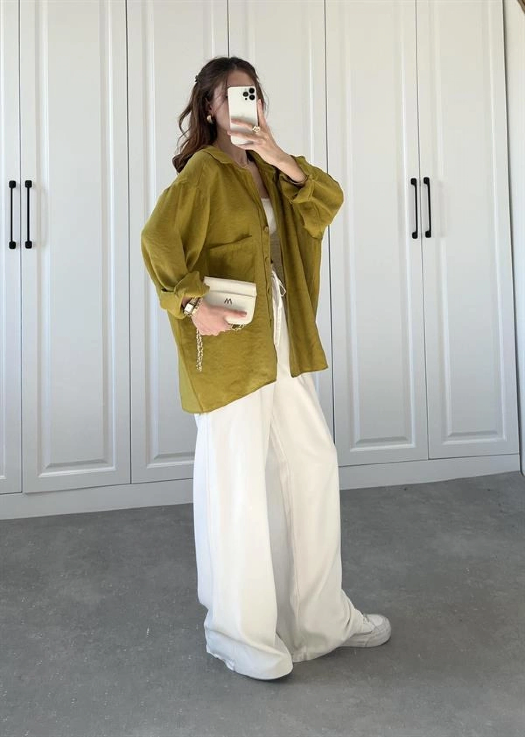 Yağ Yeşili Oversize Tensel Gömlek