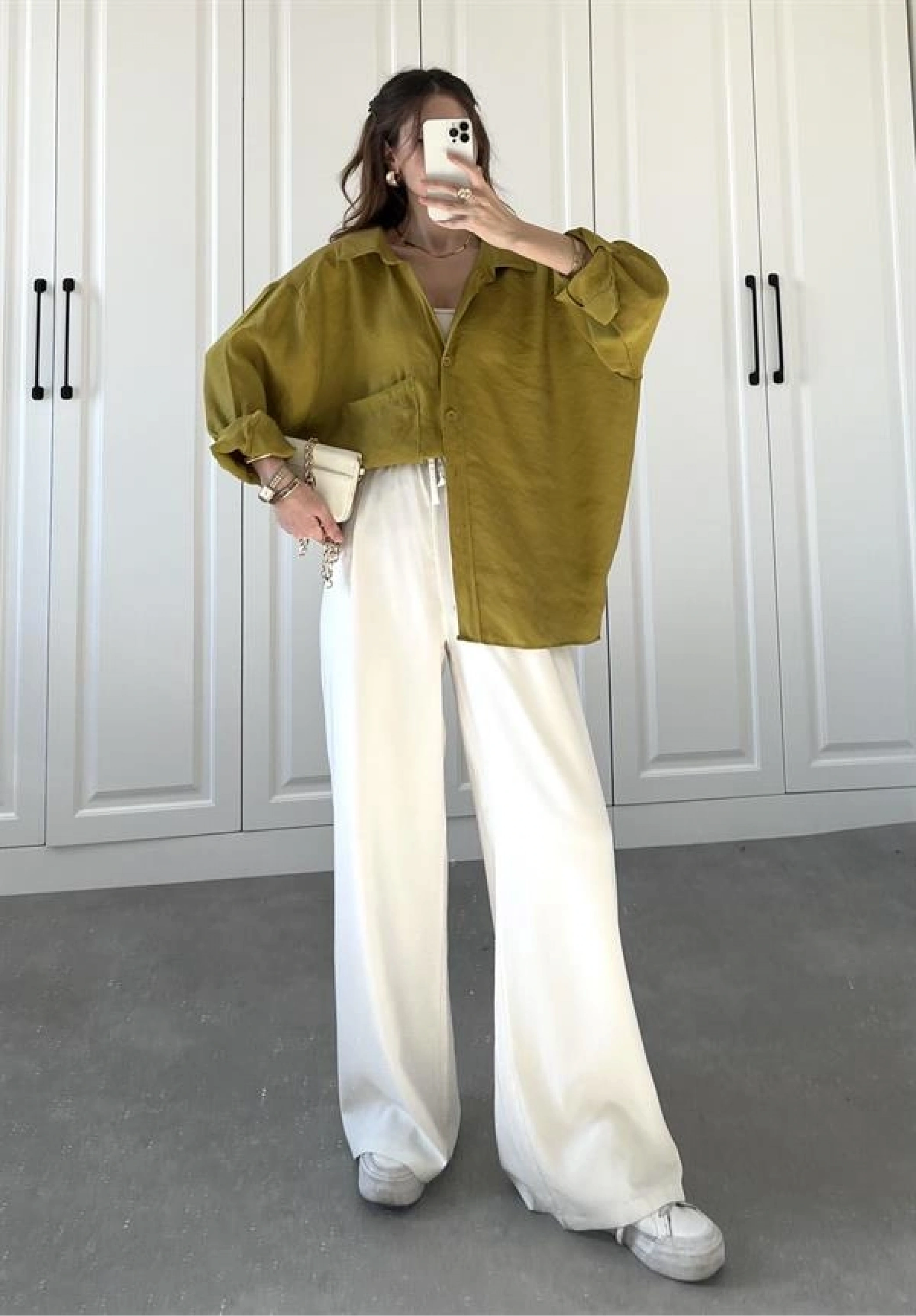 Yağ Yeşili Oversize Tensel Gömlek