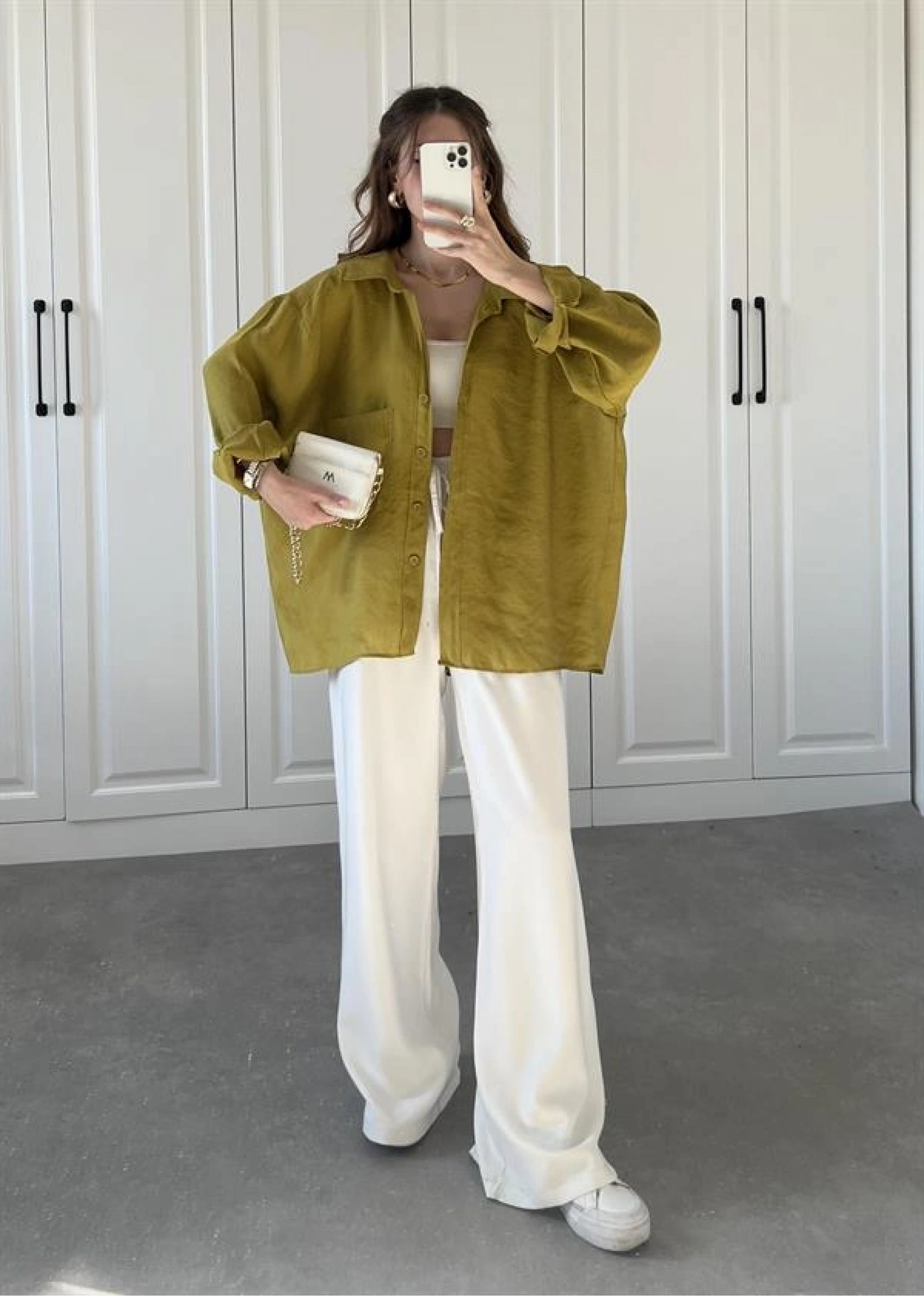 Yağ Yeşili Oversize Tensel Gömlek