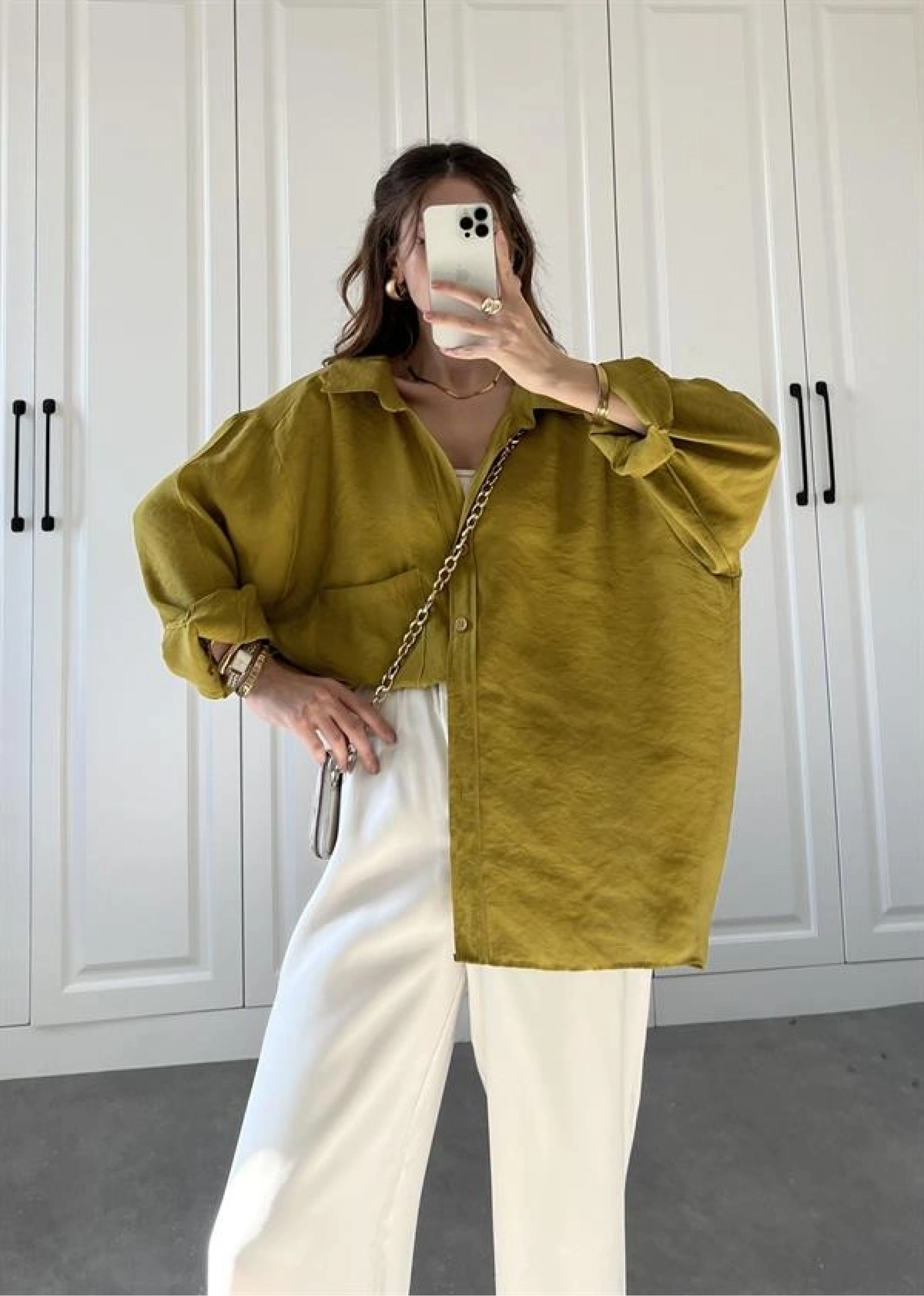 Yağ Yeşili Oversize Tensel Gömlek