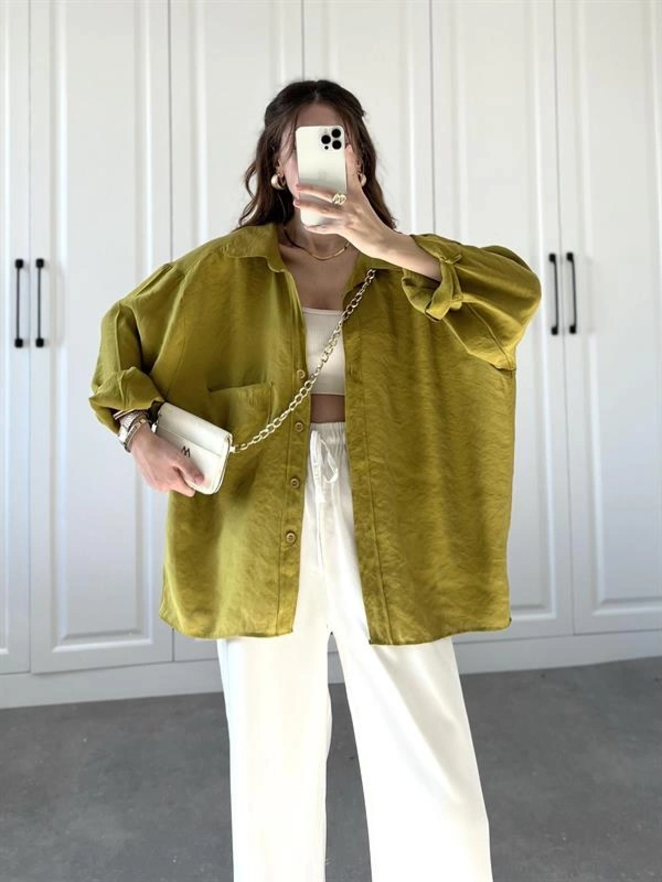 Yağ Yeşili Oversize Tensel Gömlek
