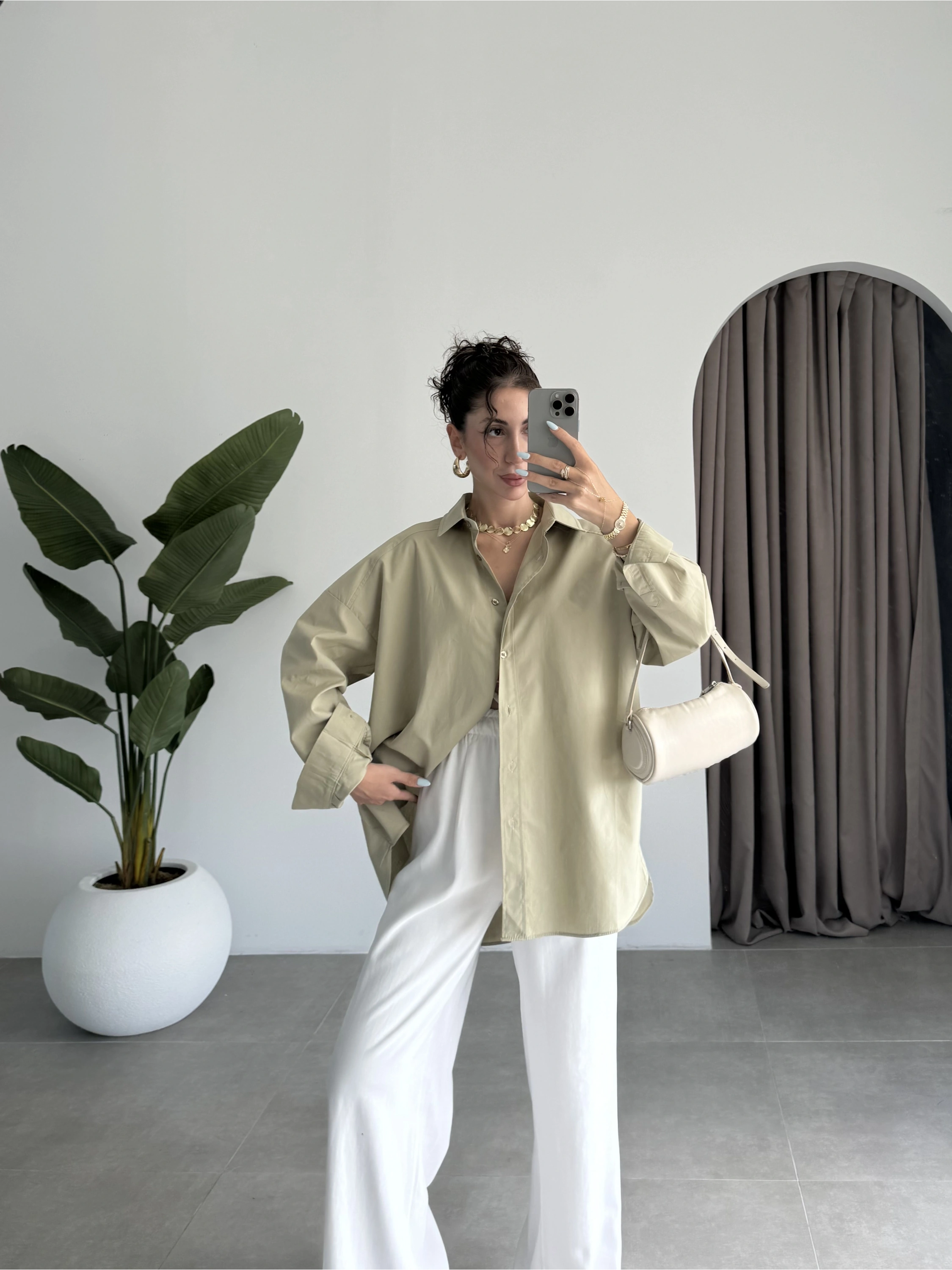 Yale Oversize Poplin Açık Haki Gömlek