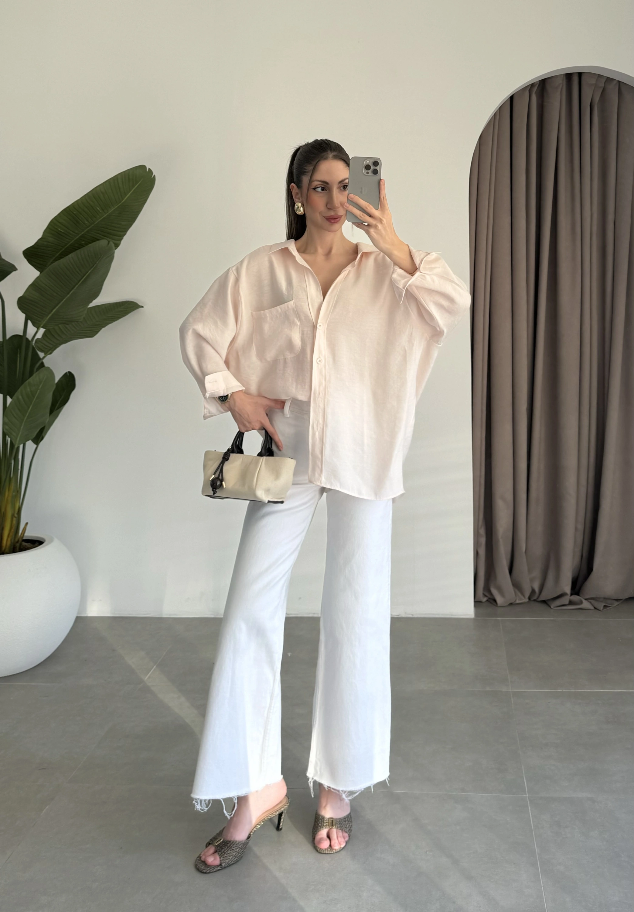 Yavruağzı Oversize Tensel Gömlek