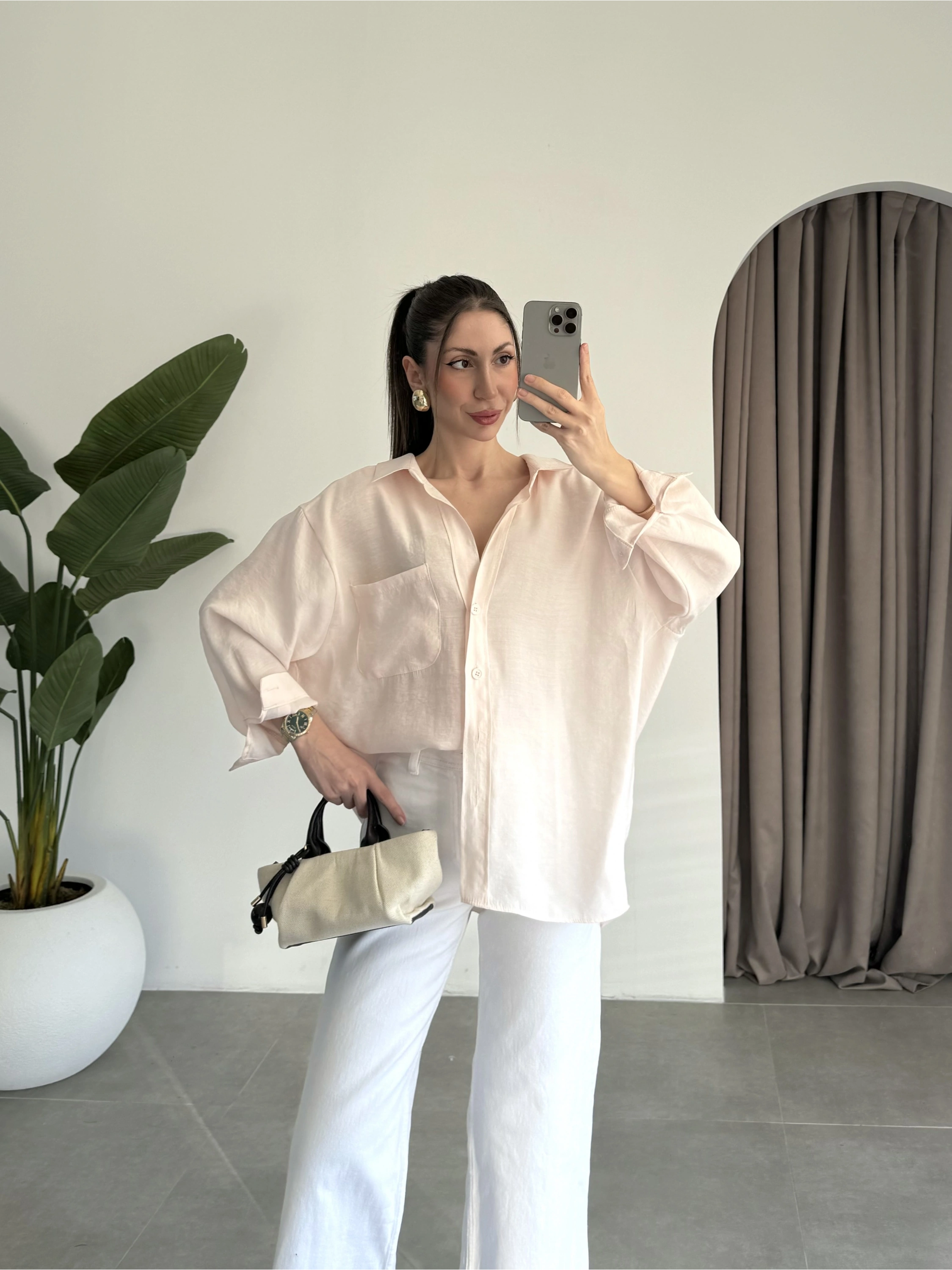 Yavruağzı Oversize Tensel Gömlek